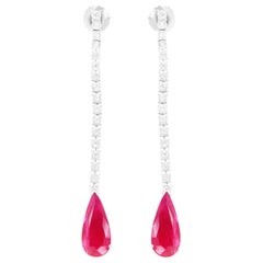 18.21 Carat Teardrop Pear Ruby White Diamond Dangle Drop Earrings 14K White Gold