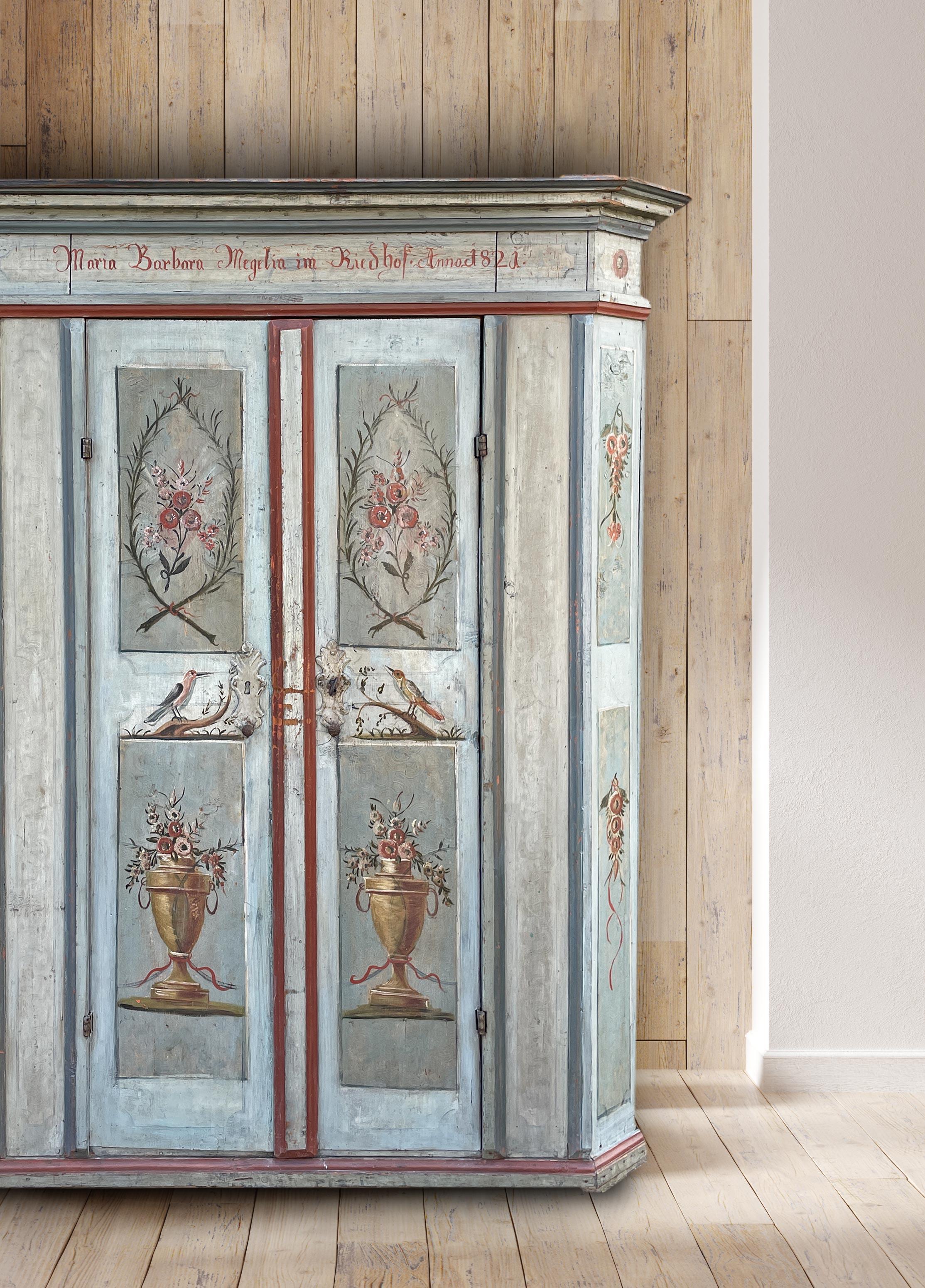 Hand-Carved 1821 Light Blue Floral Painted Cabinet