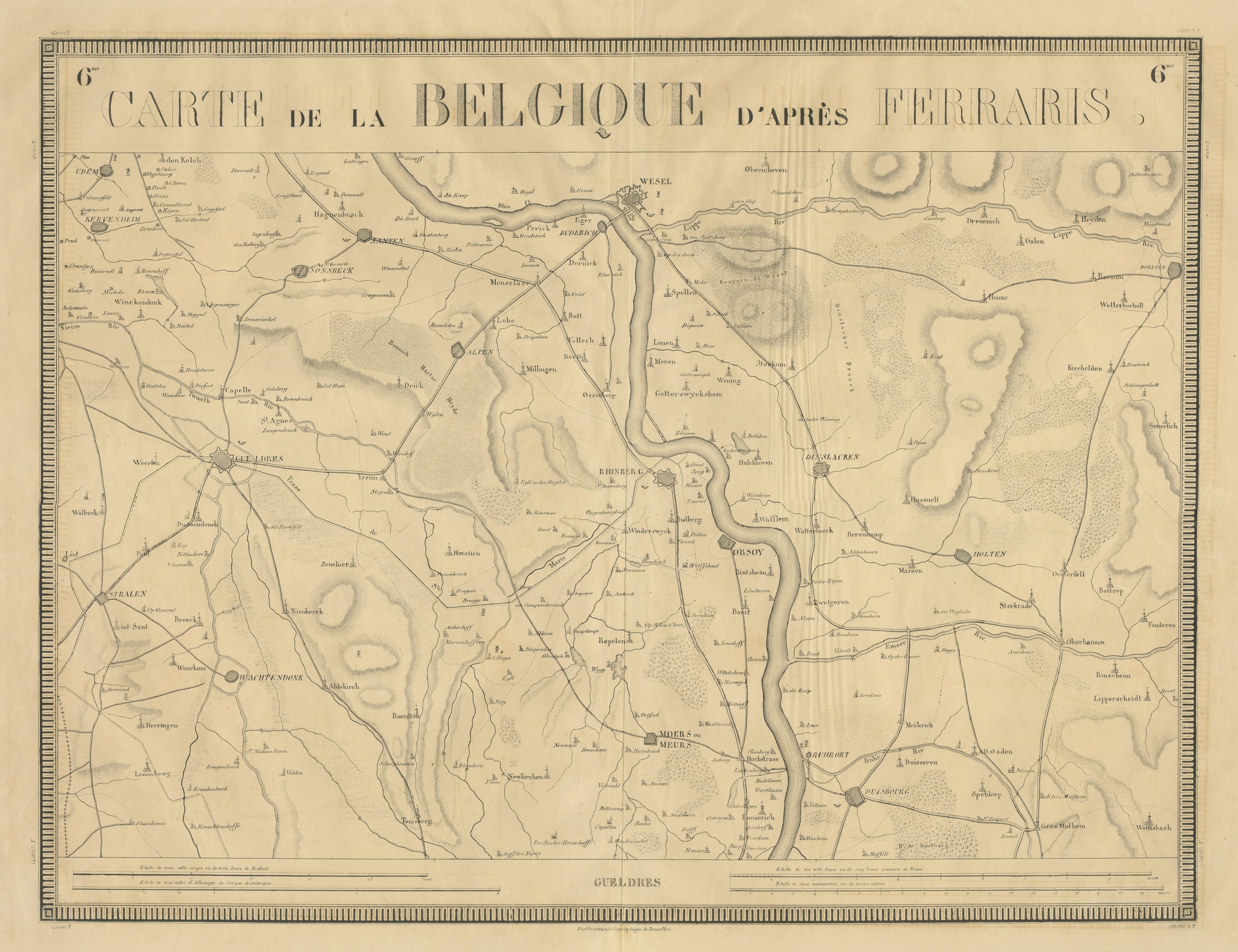 1821 Map of the Rhine River Region by Vandermaelen – from Duisburg to Wesel In Fair Condition For Sale In Langweer, NL
