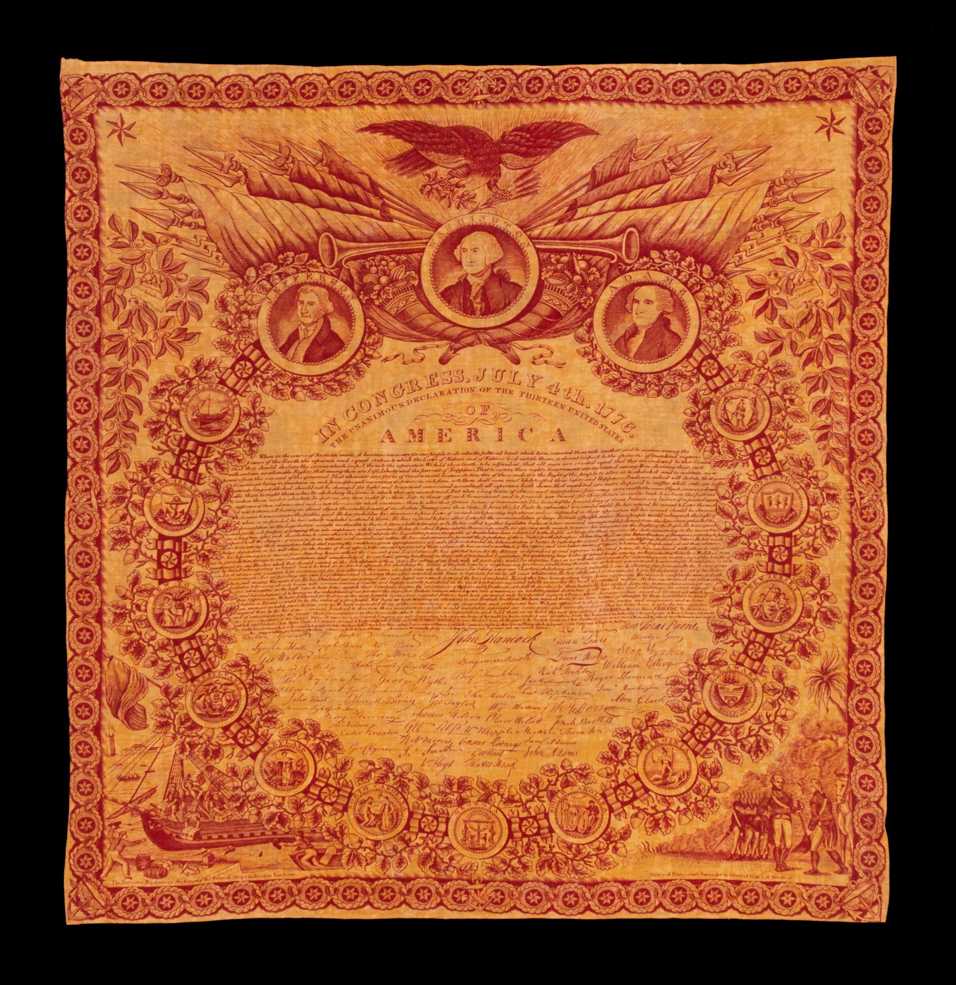 EXCEPTIONAL 1821 PRINTING OF THE DECLARATION OF INDEPENDENCE ON CLOTH, IN MULBERRY RED ON A SULFER YELLOW GROUND, PRODUCED AND DISTRIBUTED BY ROBERT & COLLIN GILLESPIE FOR THE AMERICAN MARKET, AN UNUSUALLY LARGE EXAMPLE AMONG KNOWN VERSIONS OF THIS