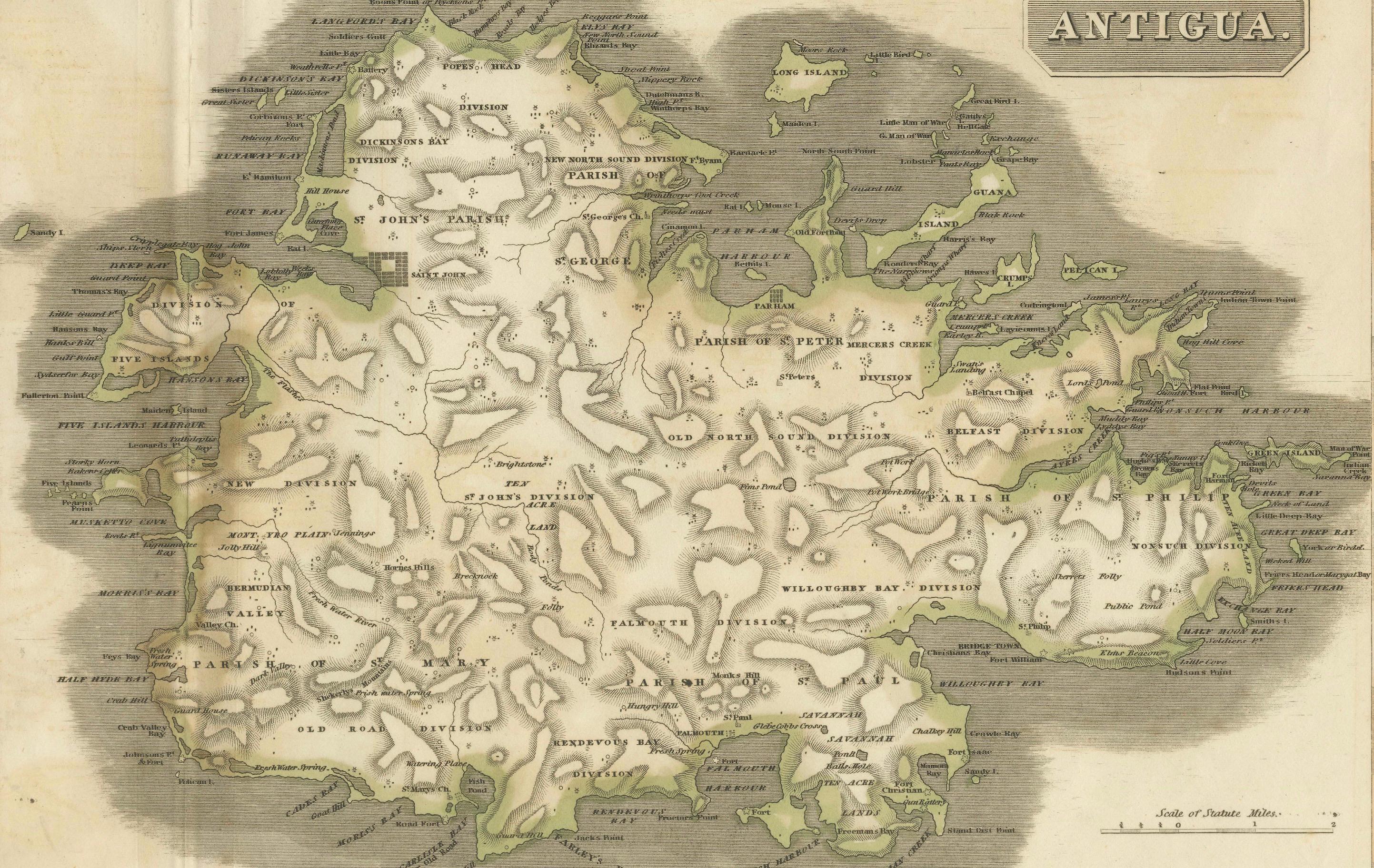This map, published in 1821 by John Thomson, showcases Guadeloupe, Marie-Galante, and Antigua from the *West India Islands* collection. Part of Thomson's *New General Atlas*, it provides a detailed representation of these key Caribbean islands