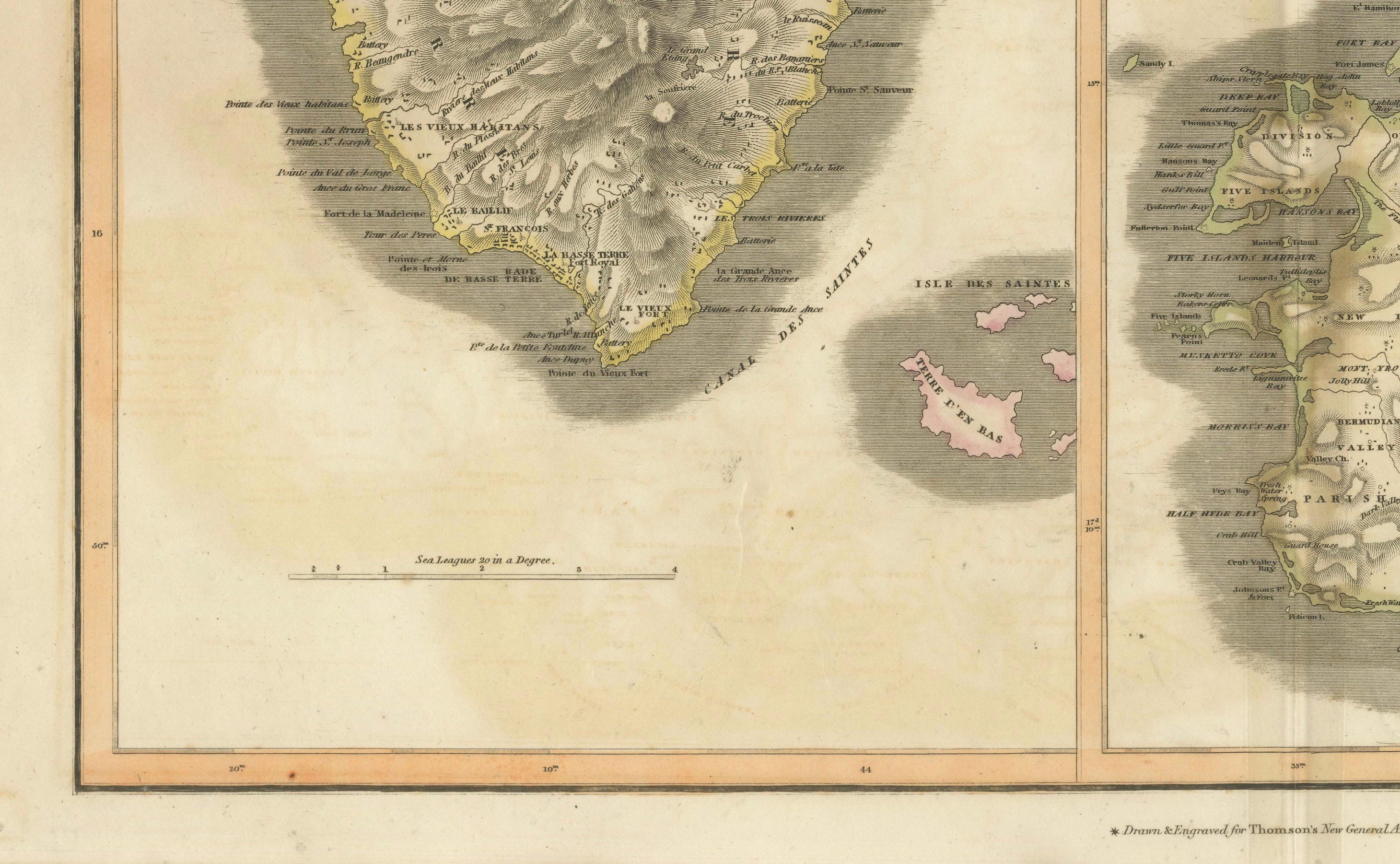 Engraved 1821 Thomson Map of Guadeloupe, Marie-Galante and Antigua in the West Indies For Sale