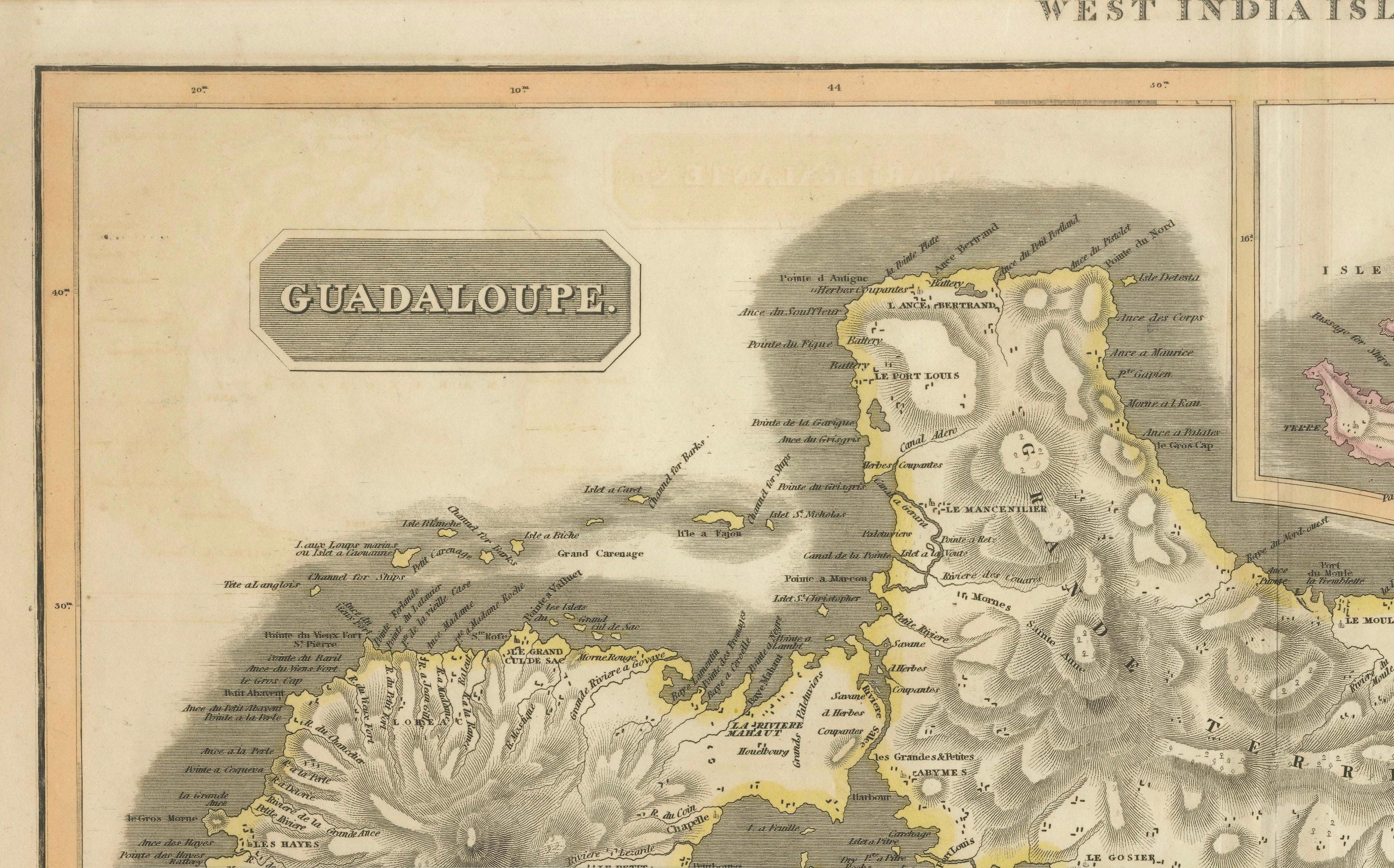 1821 Thomson Map of Guadeloupe, Marie-Galante and Antigua in the West Indies In Good Condition For Sale In Langweer, NL