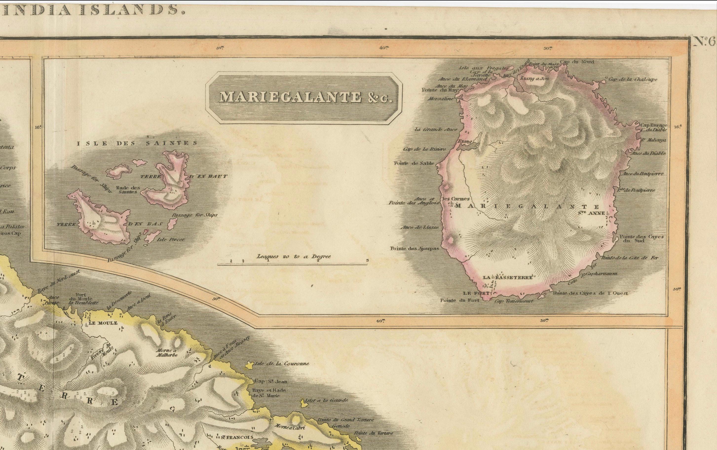 Early 19th Century 1821 Thomson Map of Guadeloupe, Marie-Galante and Antigua in the West Indies For Sale