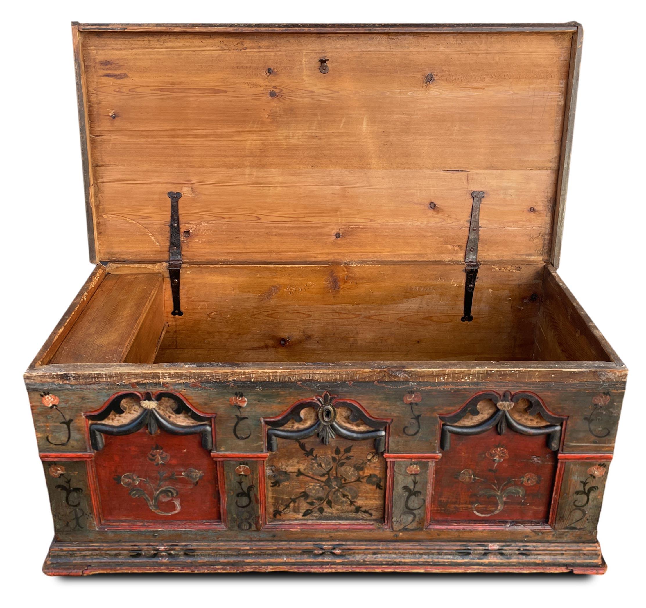 Neoclassical Revival 1822 Blue Floral Painted Alpine Chest For Sale