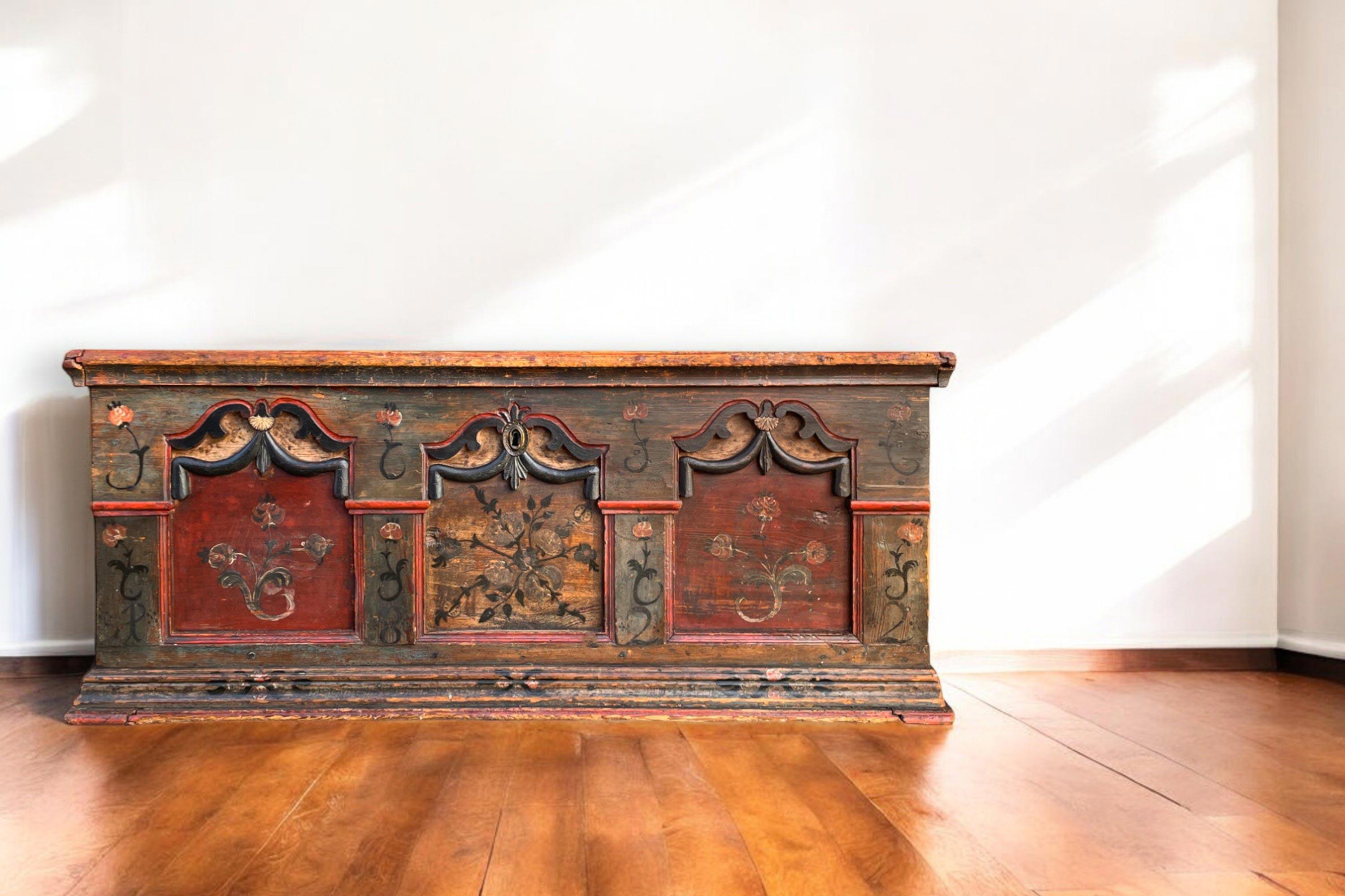 Italian 1822 Blue Floral Painted Alpine Chest For Sale