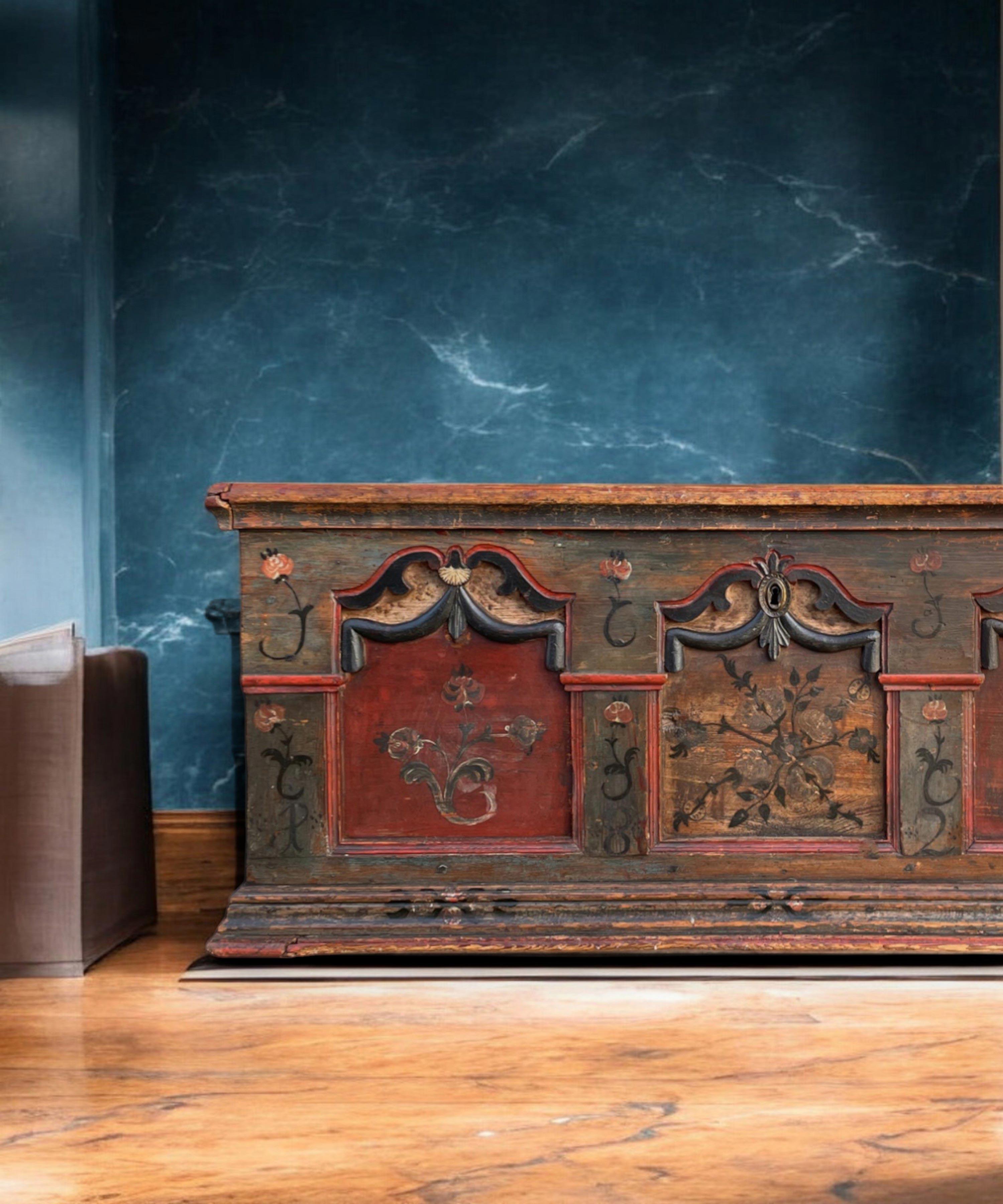 Hand-Painted 1822 Blue Floral Painted Alpine Chest For Sale