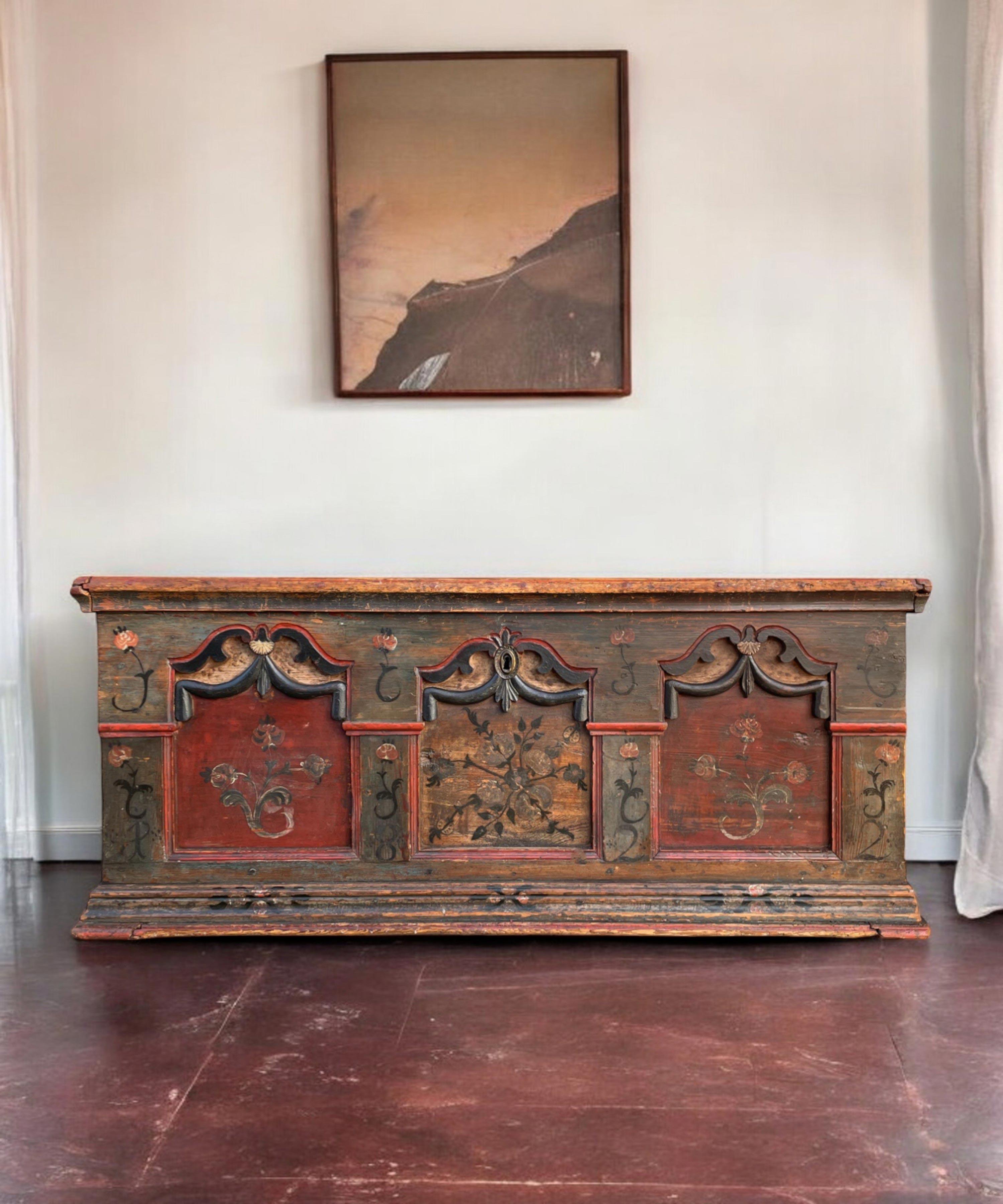 Early 19th Century 1822 Blue Floral Painted Alpine Chest For Sale
