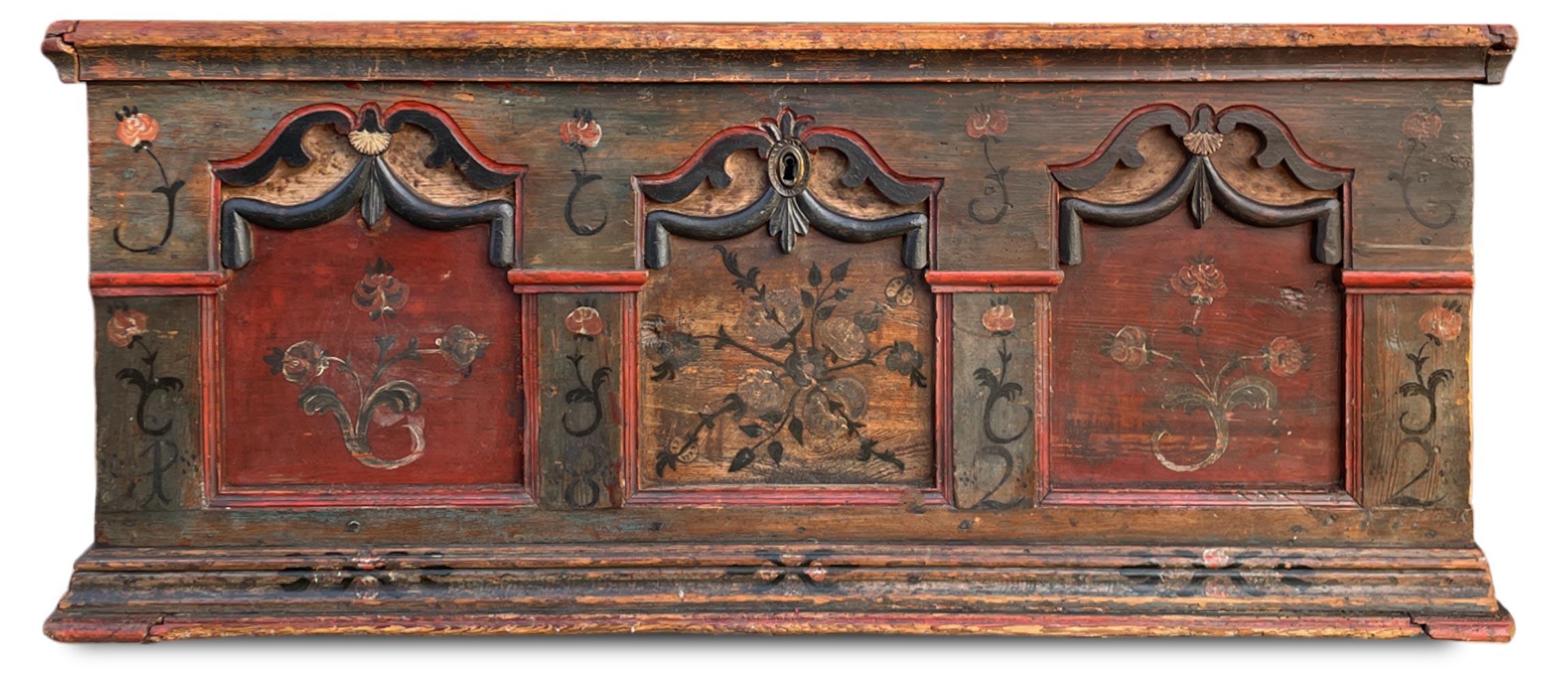 Fir 1822 Blue Floral Painted Alpine Chest For Sale