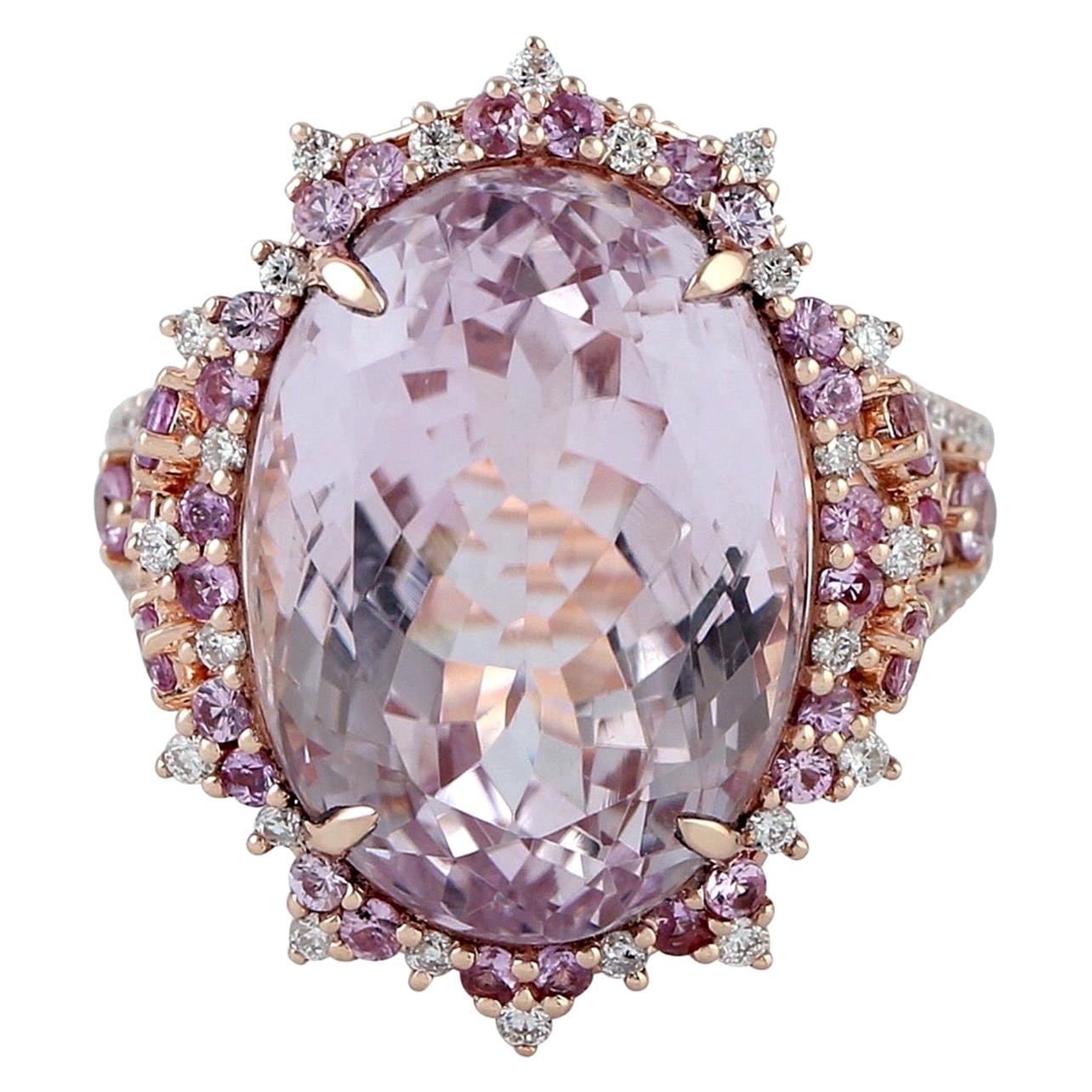 Meghna Jewels 18,22 Karat Kunzit-Diamant-Ring aus 14 Karat Gold