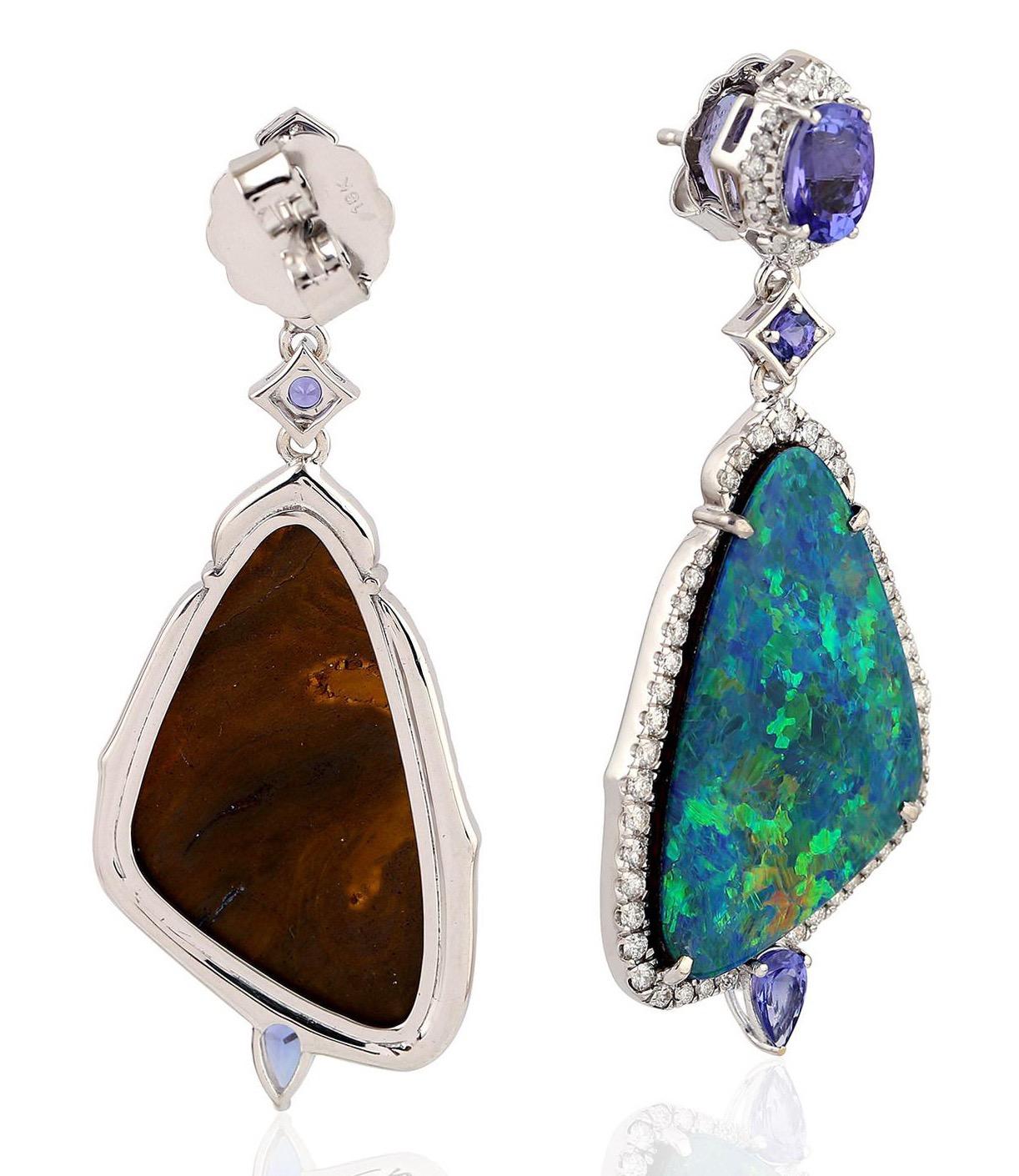 Contemporary 18.23 Carat Opal Tanzanite Diamond 18 Karat Gold Earrings For Sale
