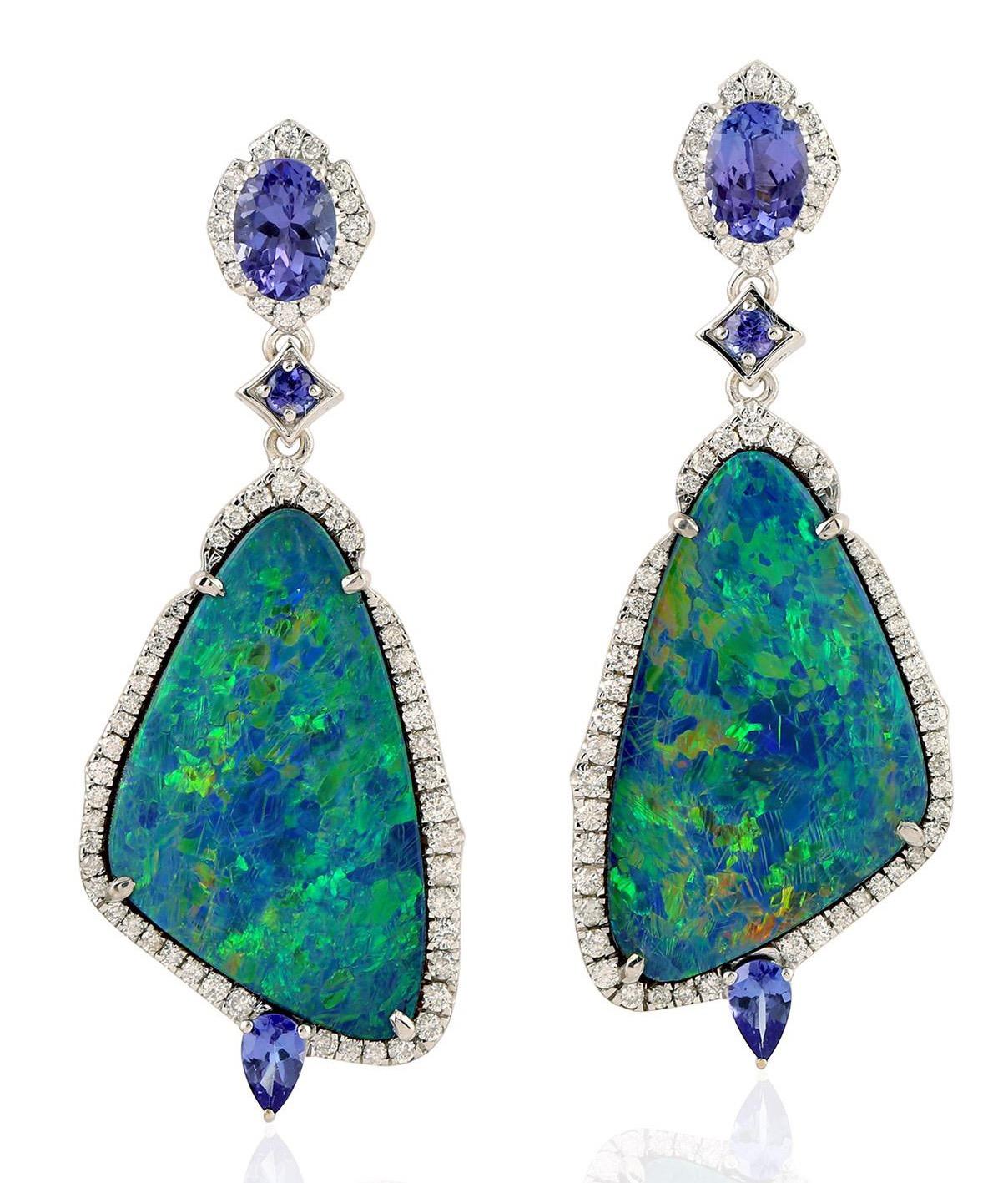 Mixed Cut 18.23 Carat Opal Tanzanite Diamond 18 Karat Gold Earrings For Sale