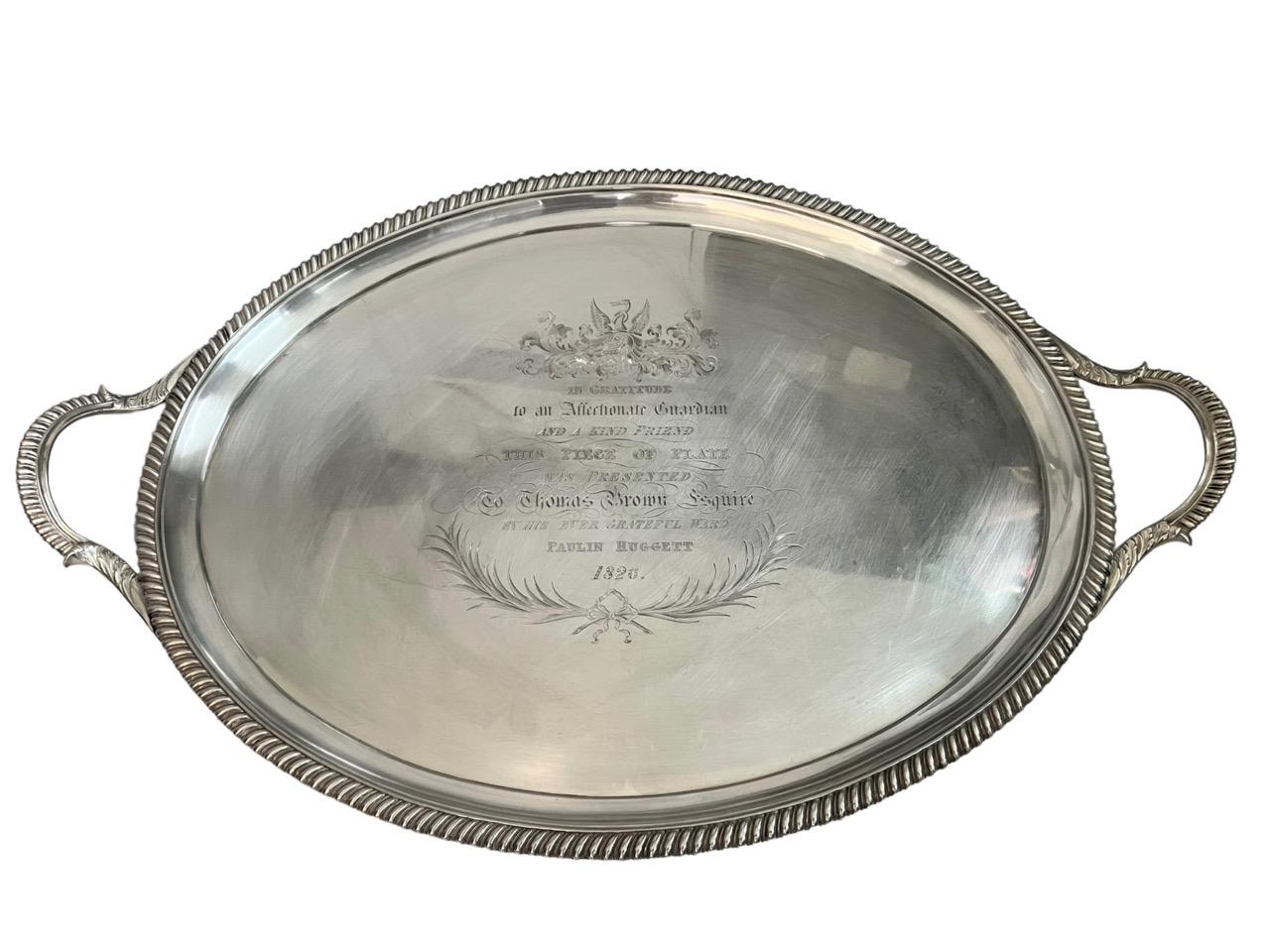 1823 English George IV Sterling Silver Presentation Tray by John Mewburn For Sale 2