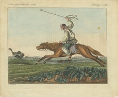 1823 Hand-Coloured Engraving - Gaucho Hunting Ostrich with Bolas in the Pampas