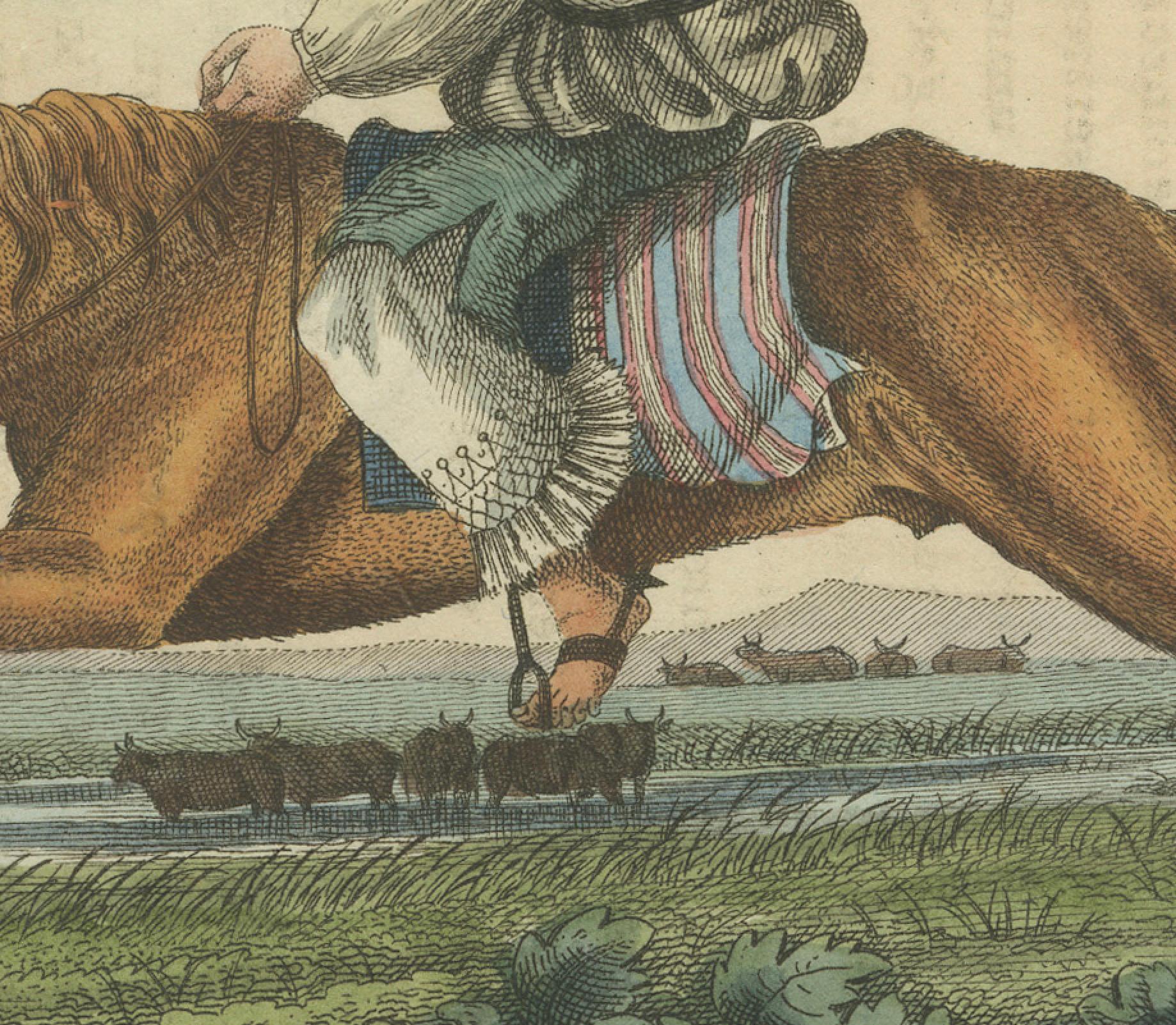 1823 Handkolorierter Kupferstich - Gaucho auf Straußenjagd mit Bolas in der Pampa (Graviert) im Angebot