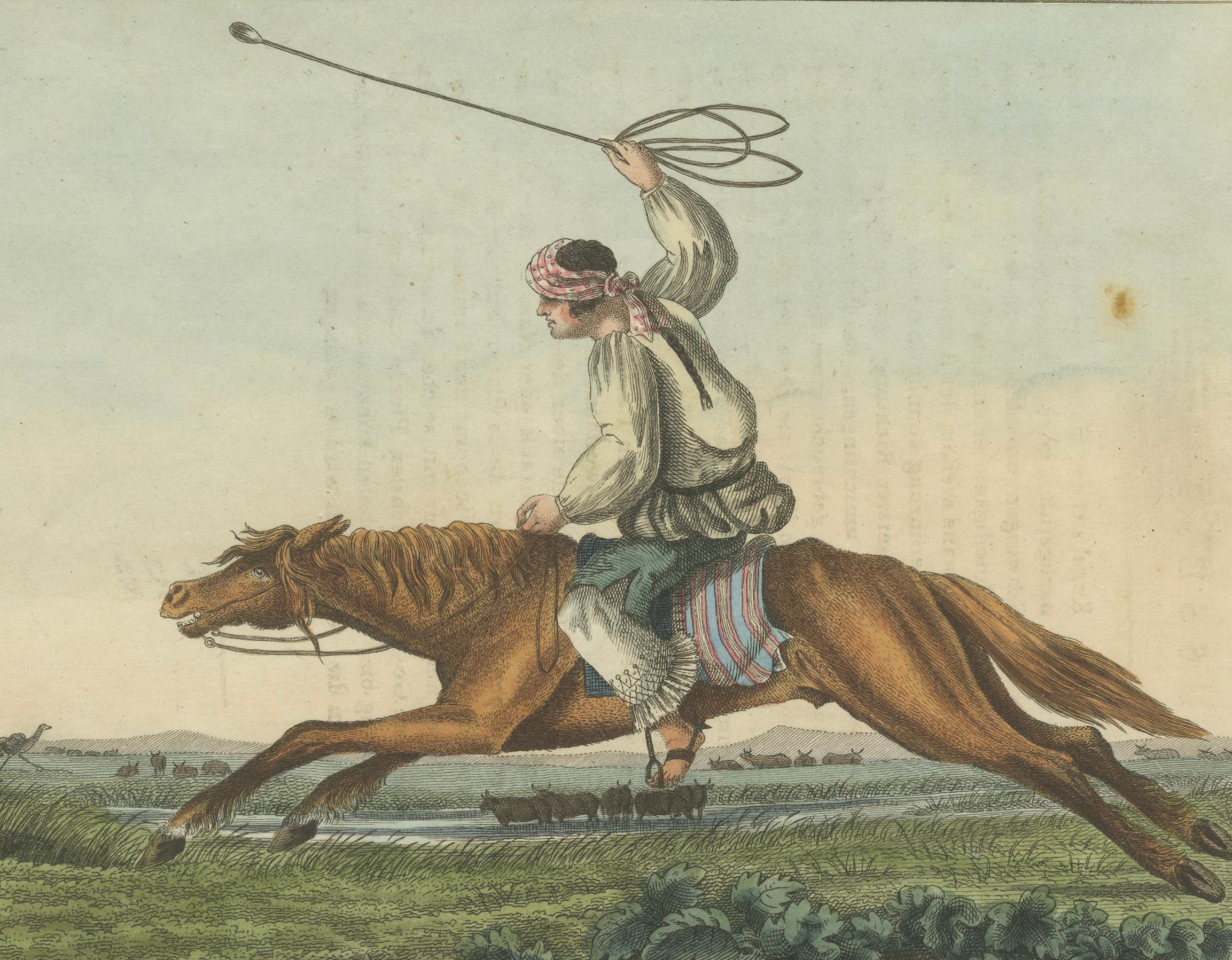 1823 Handkolorierter Kupferstich - Gaucho auf Straußenjagd mit Bolas in der Pampa im Zustand „Gut“ im Angebot in Langweer, NL