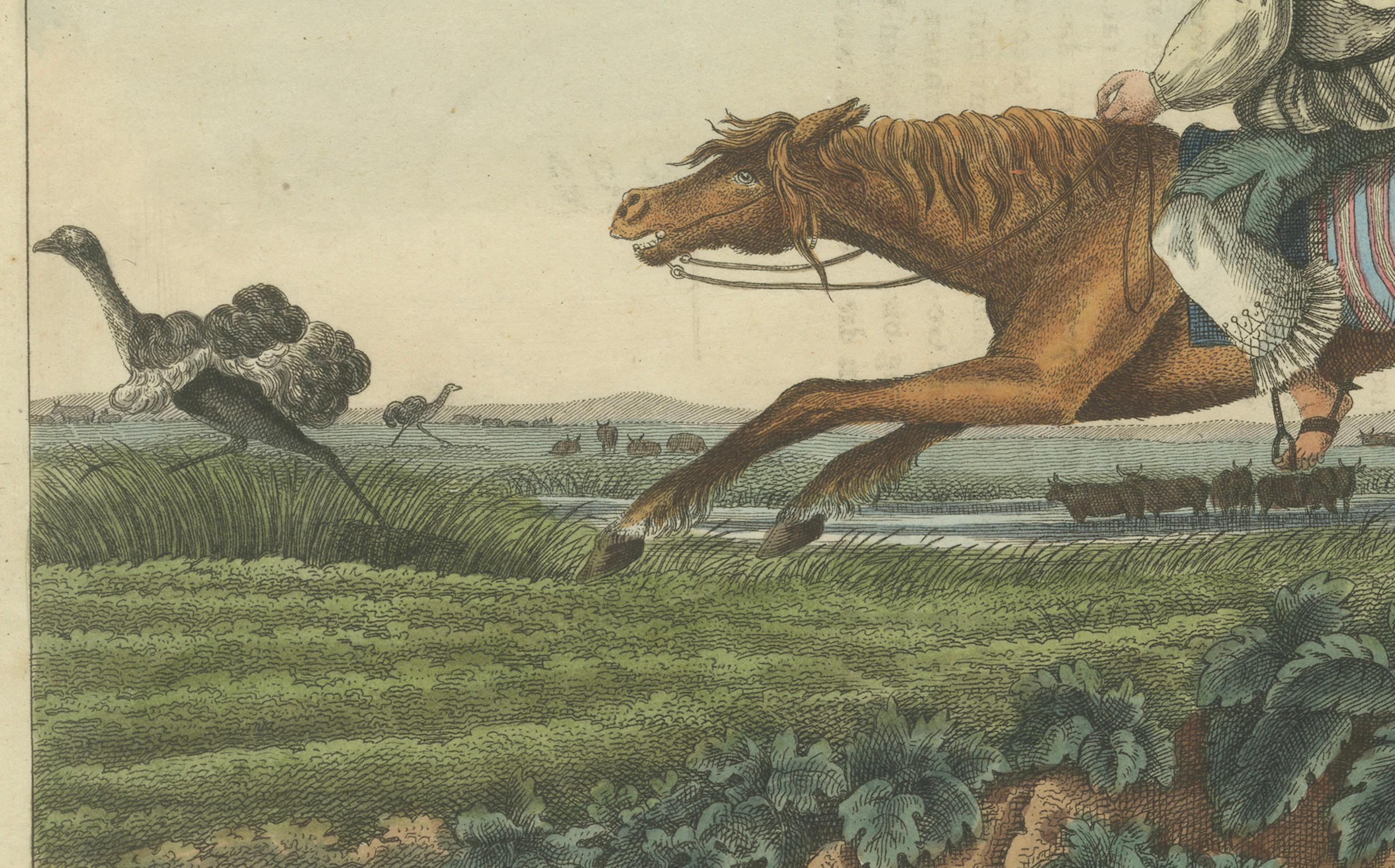 1823 Handkolorierter Kupferstich - Gaucho auf Straußenjagd mit Bolas in der Pampa (Frühes 19. Jahrhundert) im Angebot