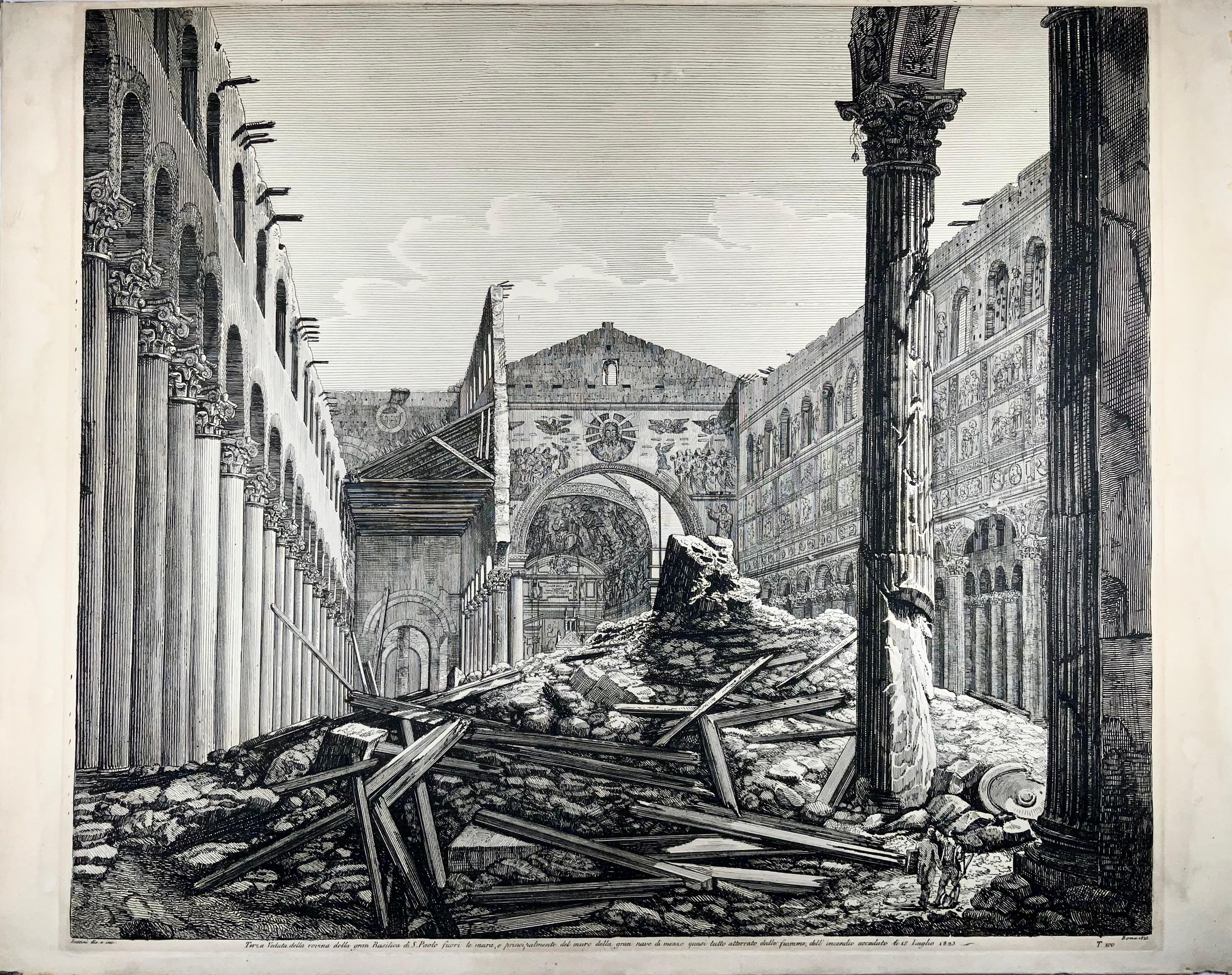 Signed and dated by Rossini in the plate along the lower margin. Printed on early 19th century thick wove paper and with margins beyond the plate-impression on all sides.

The Destruction of Basilica St. Paul. On 15 July 1823, a workman repairing