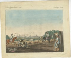 1823 Old-Coloured Engraving - Gauchos Lassoing Cattle in Buenos Aires, Argentina