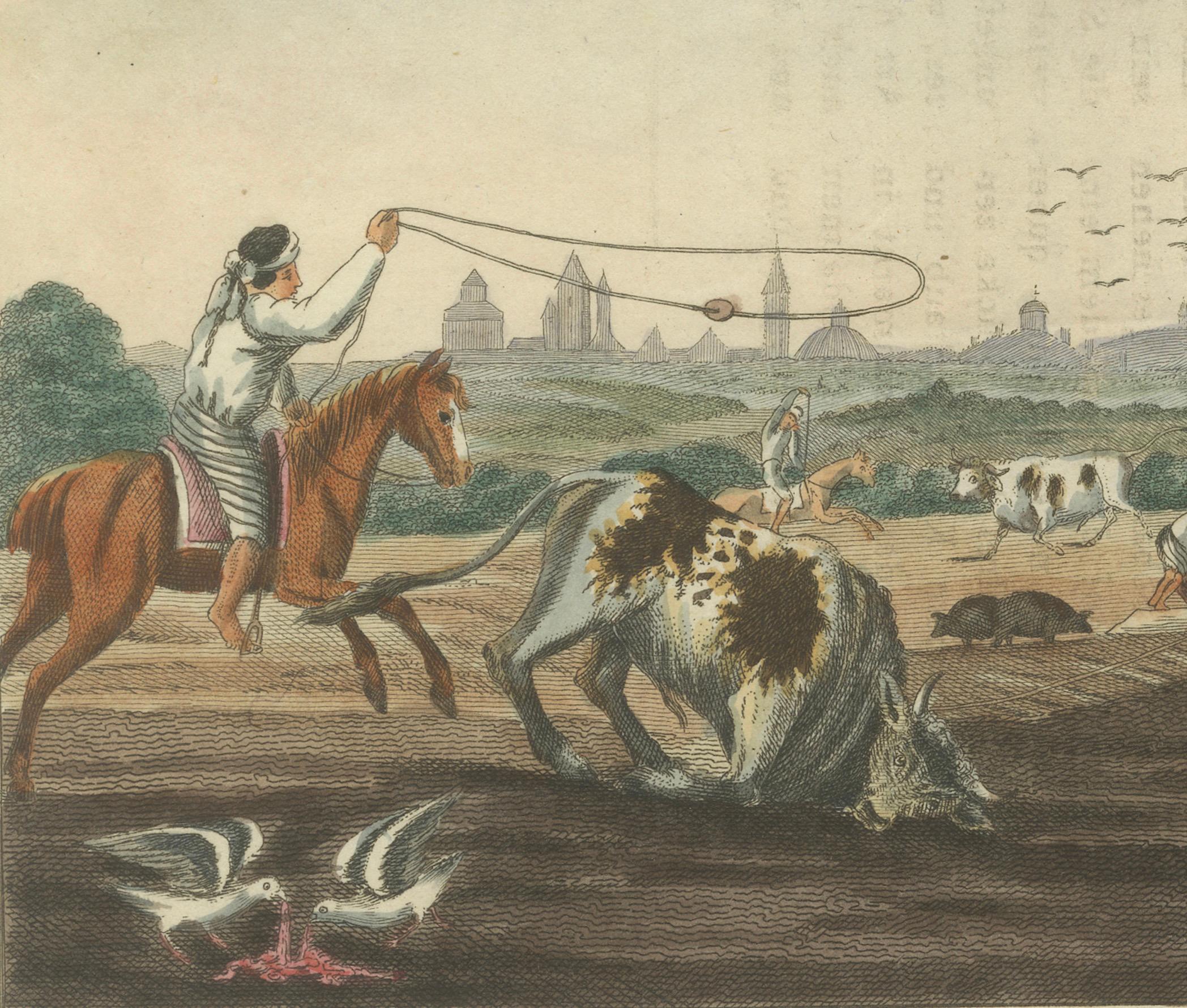 Inciso Incisione antica del 1823 - Gauchos che prendono al lazo il bestiame a Buenos Aires, Argentina in vendita