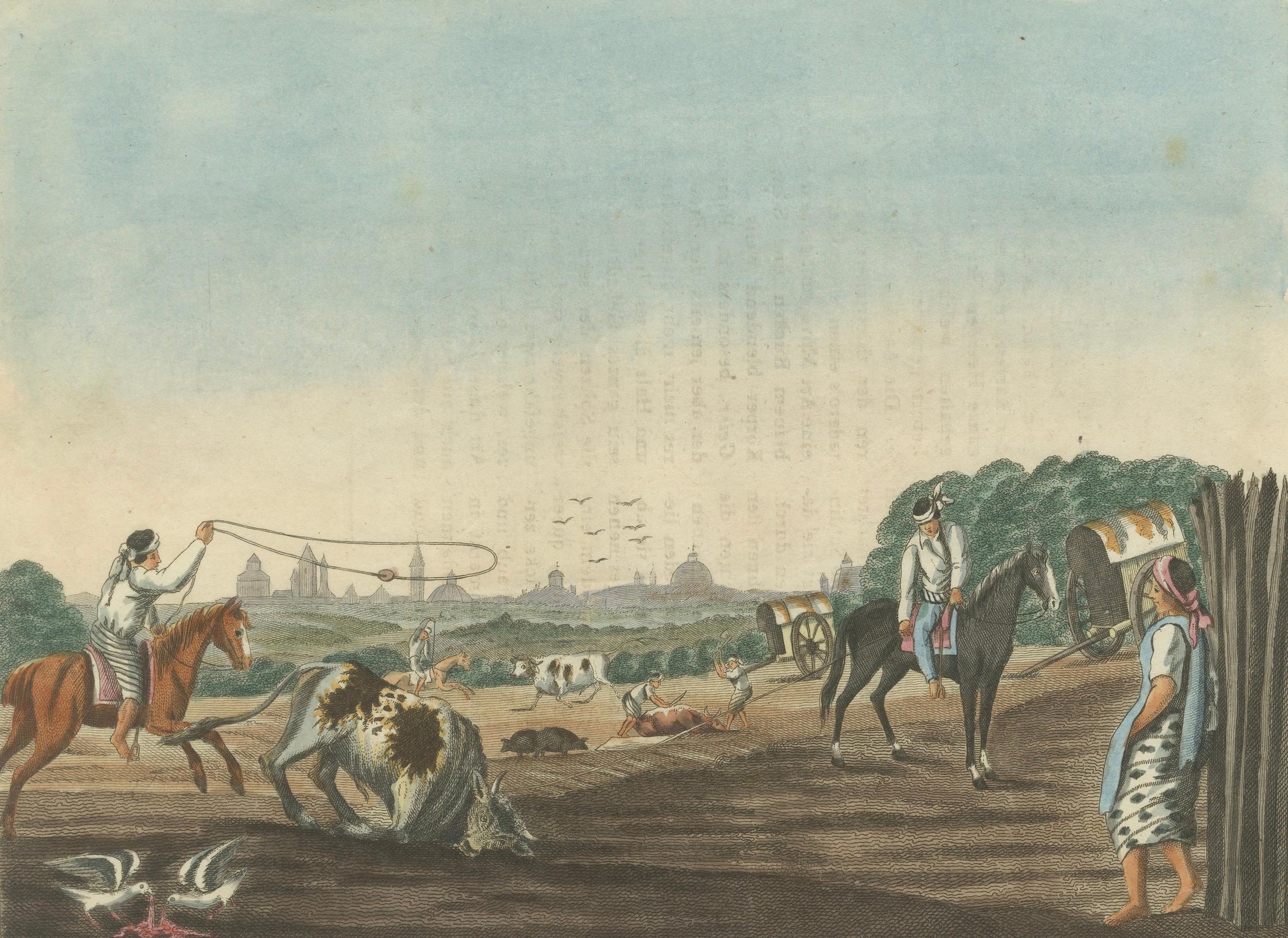 Inizio XIX secolo Incisione antica del 1823 - Gauchos che prendono al lazo il bestiame a Buenos Aires, Argentina in vendita