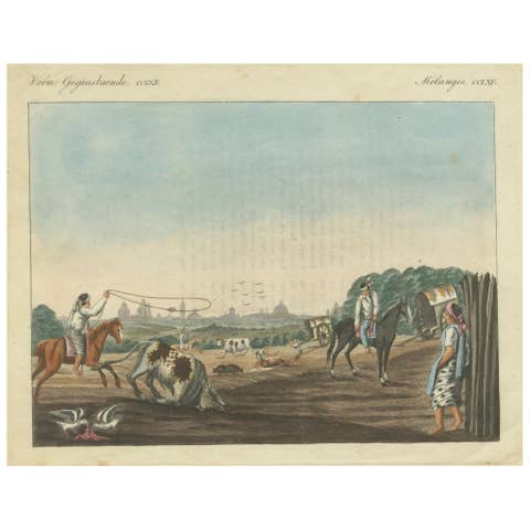 1823 Old-Coloured Engraving - Gauchos Lassoing Cattle in Buenos Aires, Argentina