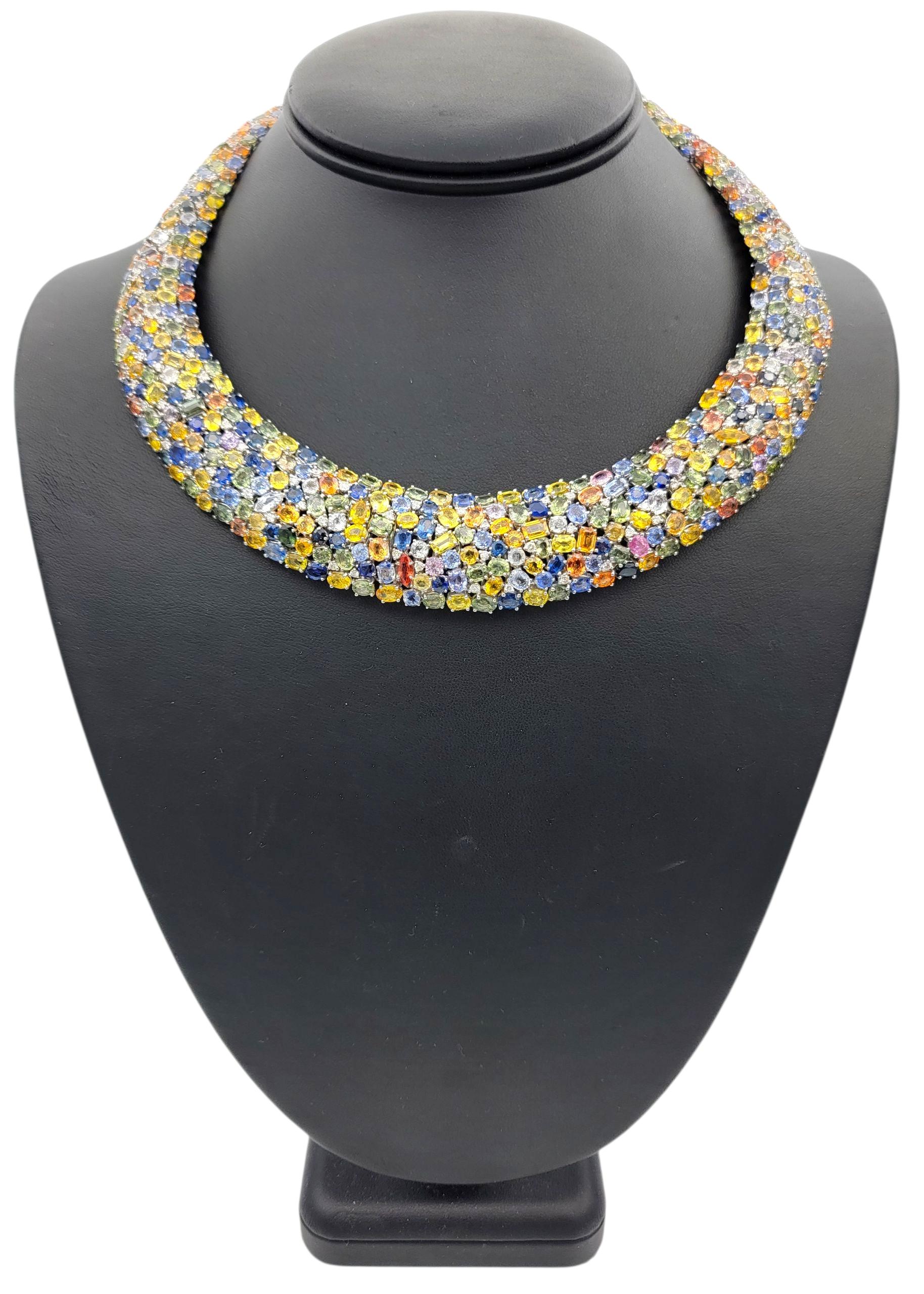 182.39 Carats Total Multi-Sapphire & Diamond Collar Necklace 18 Karat White Gold For Sale 4