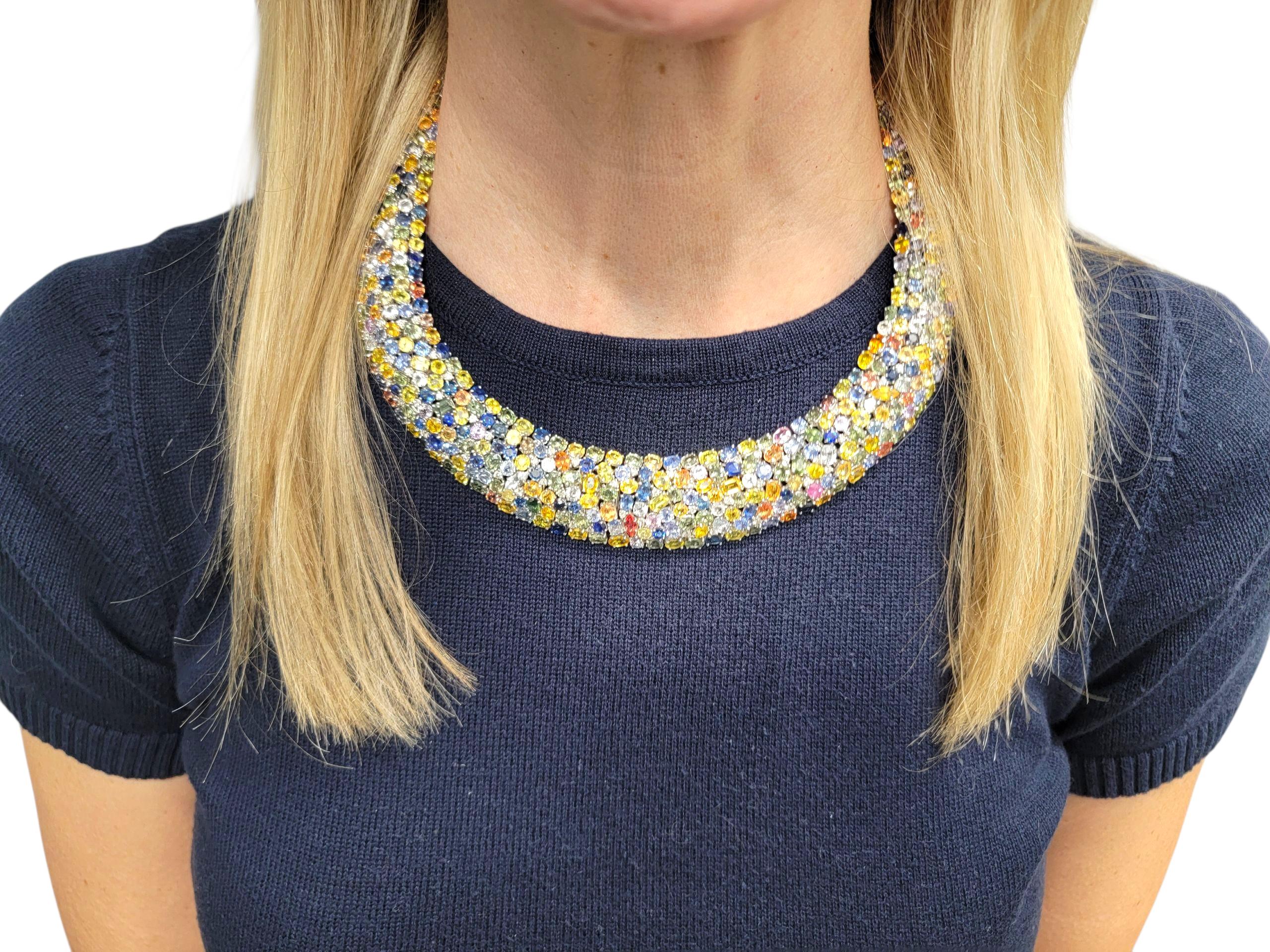 182.39 Carats Total Multi-Sapphire & Diamond Collar Necklace 18 Karat White Gold For Sale 5