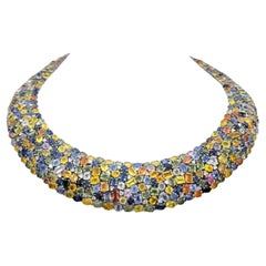 182.39 Carats Total Multi-Sapphire & Diamond Collar Necklace 18 Karat White Gold
