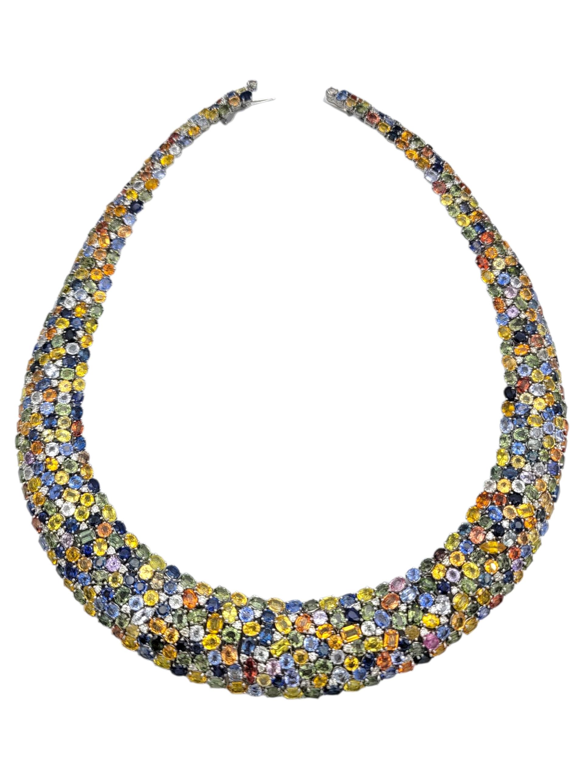 Contemporary 182.39 Carats Total Multi-Sapphire & Diamond Collar Necklace 18 Karat White Gold For Sale