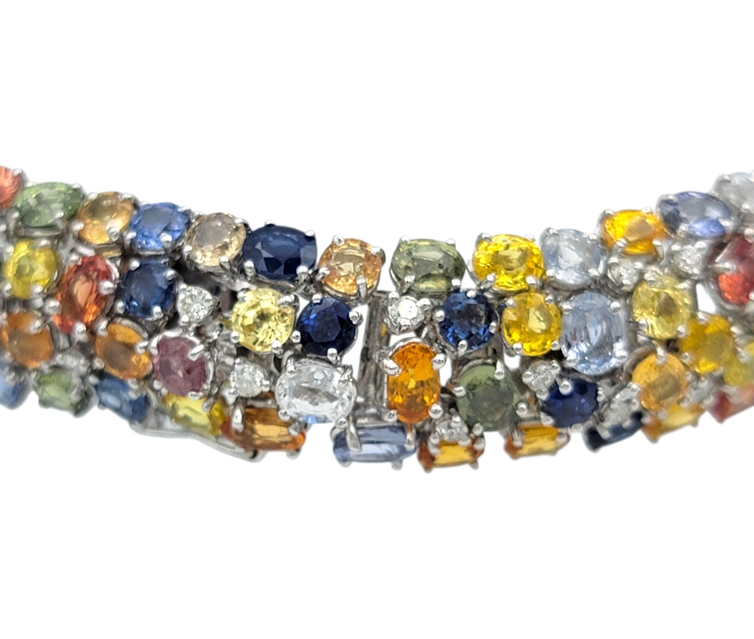 Round Cut 182.39 Carats Total Multi-Sapphire & Diamond Collar Necklace 18 Karat White Gold For Sale