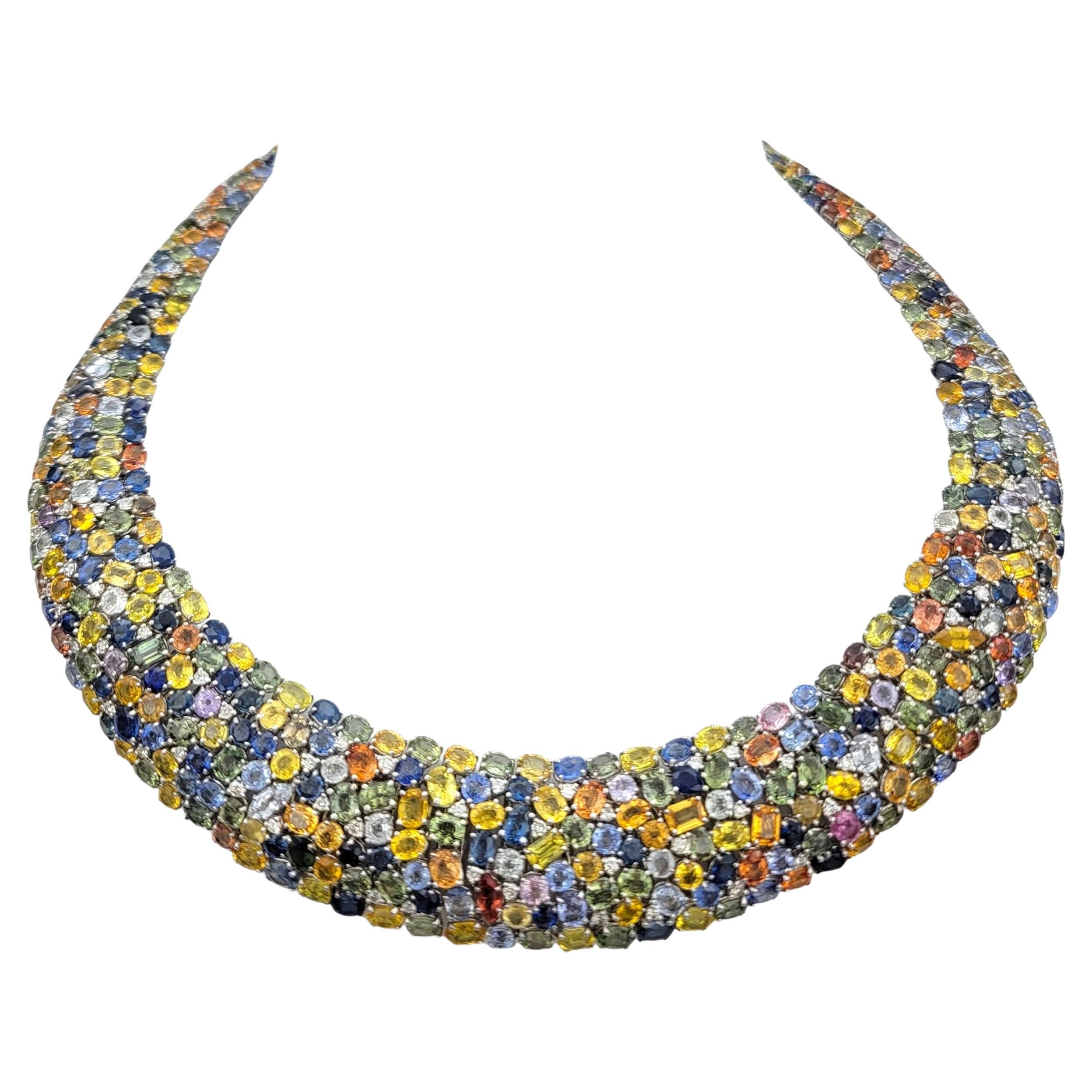 182.39 Carats Total Multi-Sapphire & Diamond Collar Necklace 18 Karat White Gold For Sale