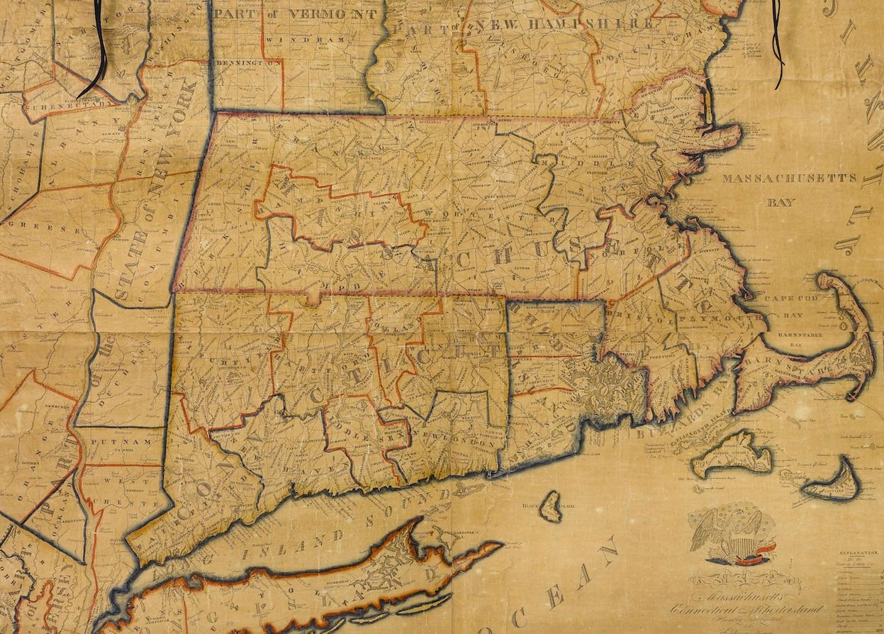 This rare and detailed 1824 wall map by Edward Ruggles depicts eastern New York to Cape Cod, southern Vermont, and New Hampshire to Long Island. Delineated in hand color by County, the map identifies towns, roads, and bridges, as well as a few more