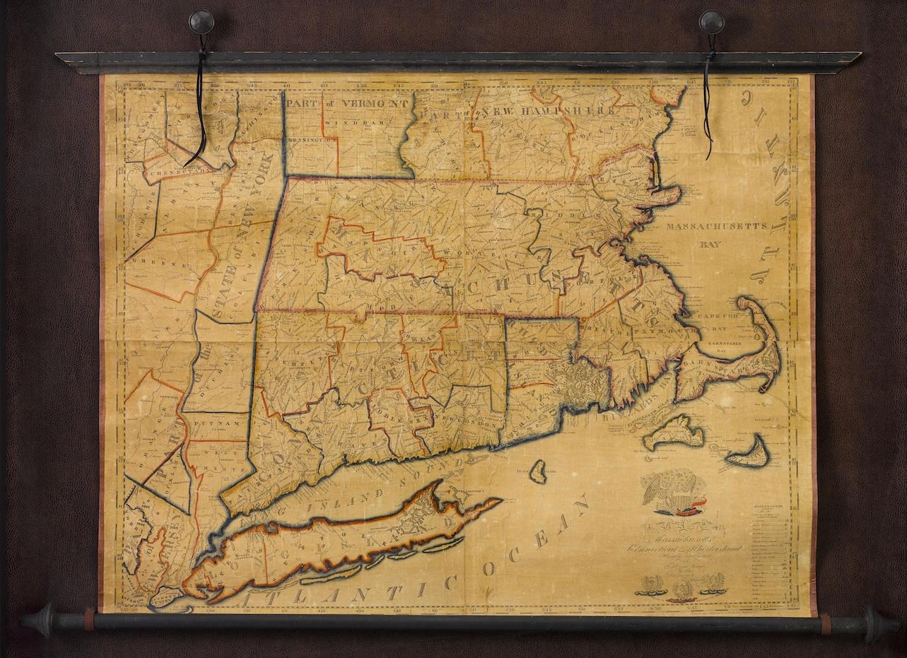 Engraved 1824 Massachusetts, Connecticut and Rhode Island Antique Wall Map by E. Ruggles