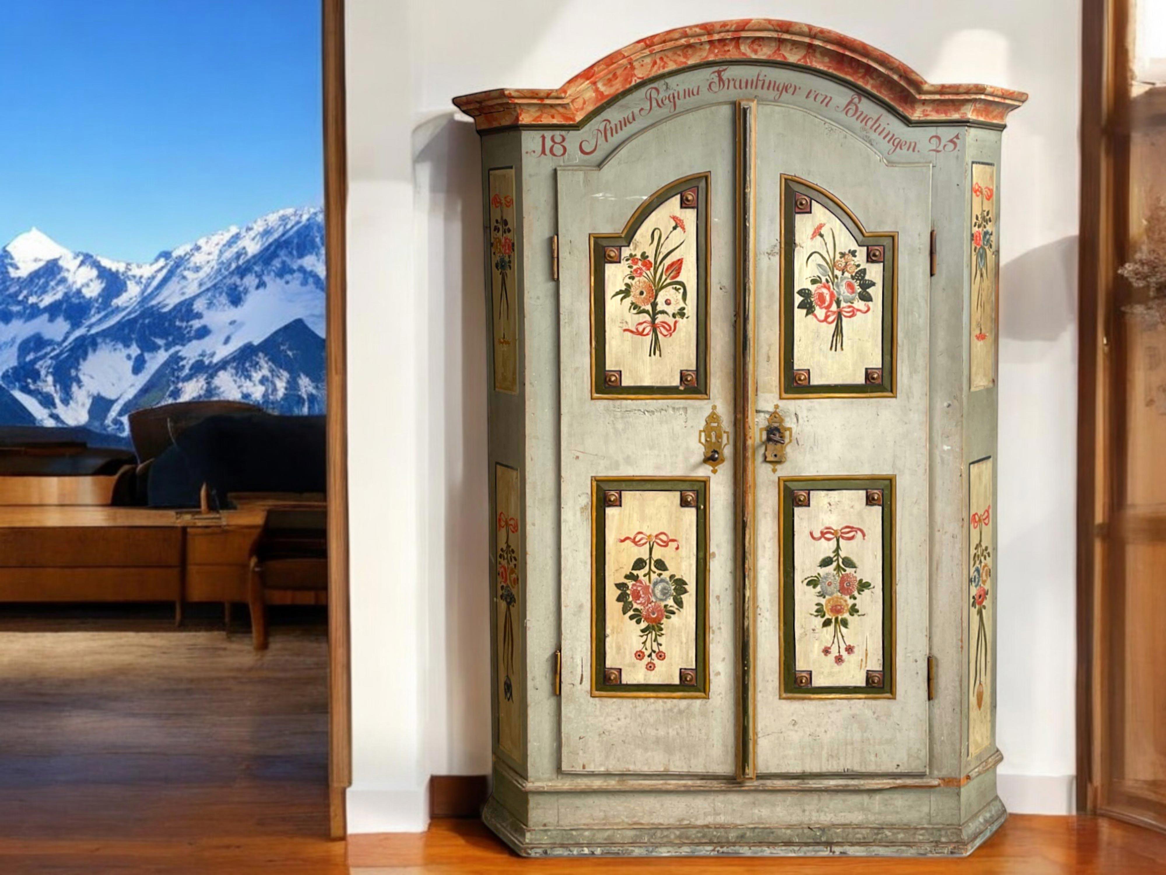 Painted Alpine Blue Wardrobe 1825

Measurements: H. 200 cm – W. 130 cm (142 at the frames) cm – D. 47 cm (53 at the frames) cm
Period: 1825
Origin: Bavaria - Halblech/Greith
Wood: Fir

Description

Beautiful painted wardrobe with two doors, in