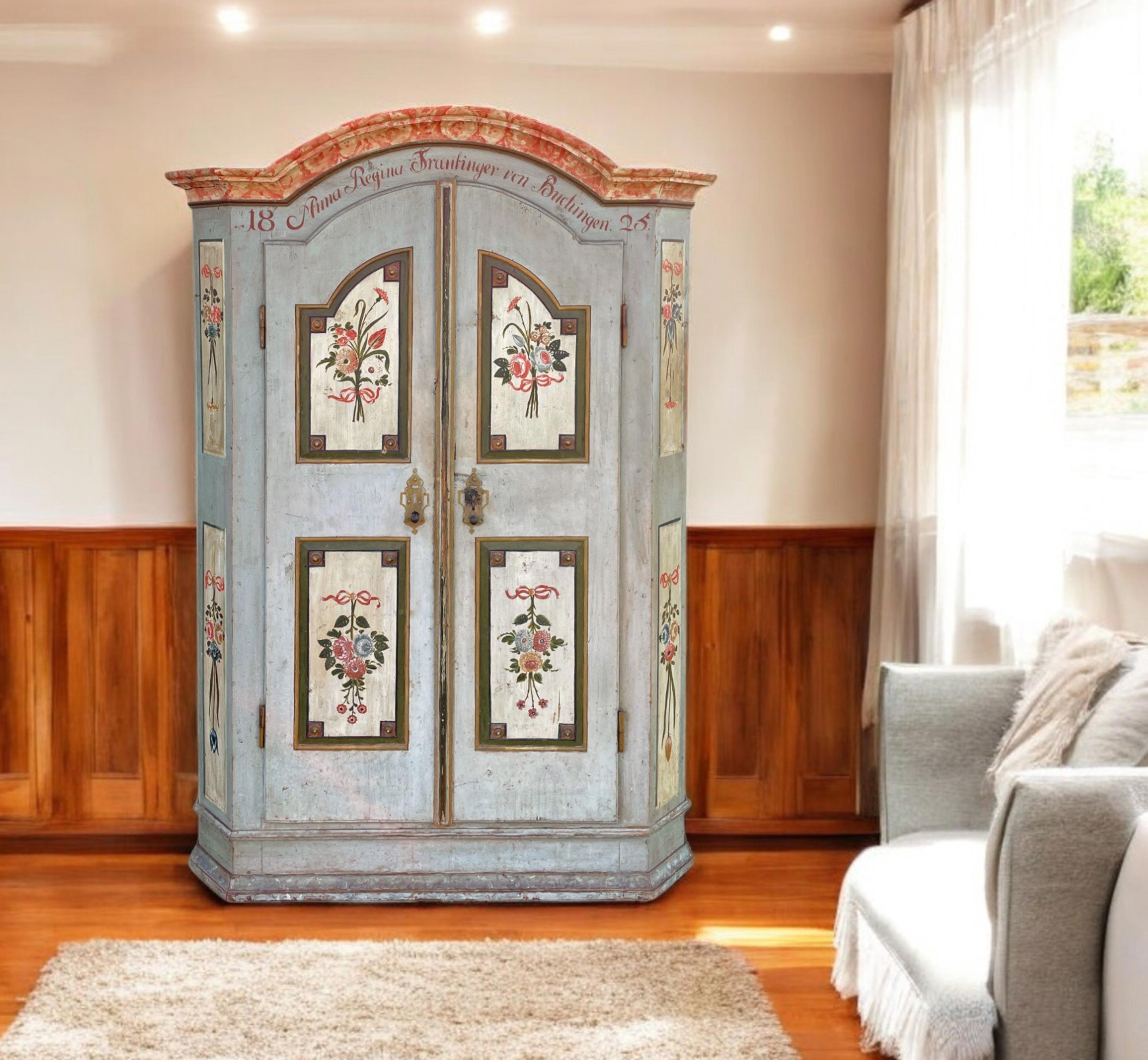 Louis XVI 1825 Blue Floral Painted Alpine Cabinet