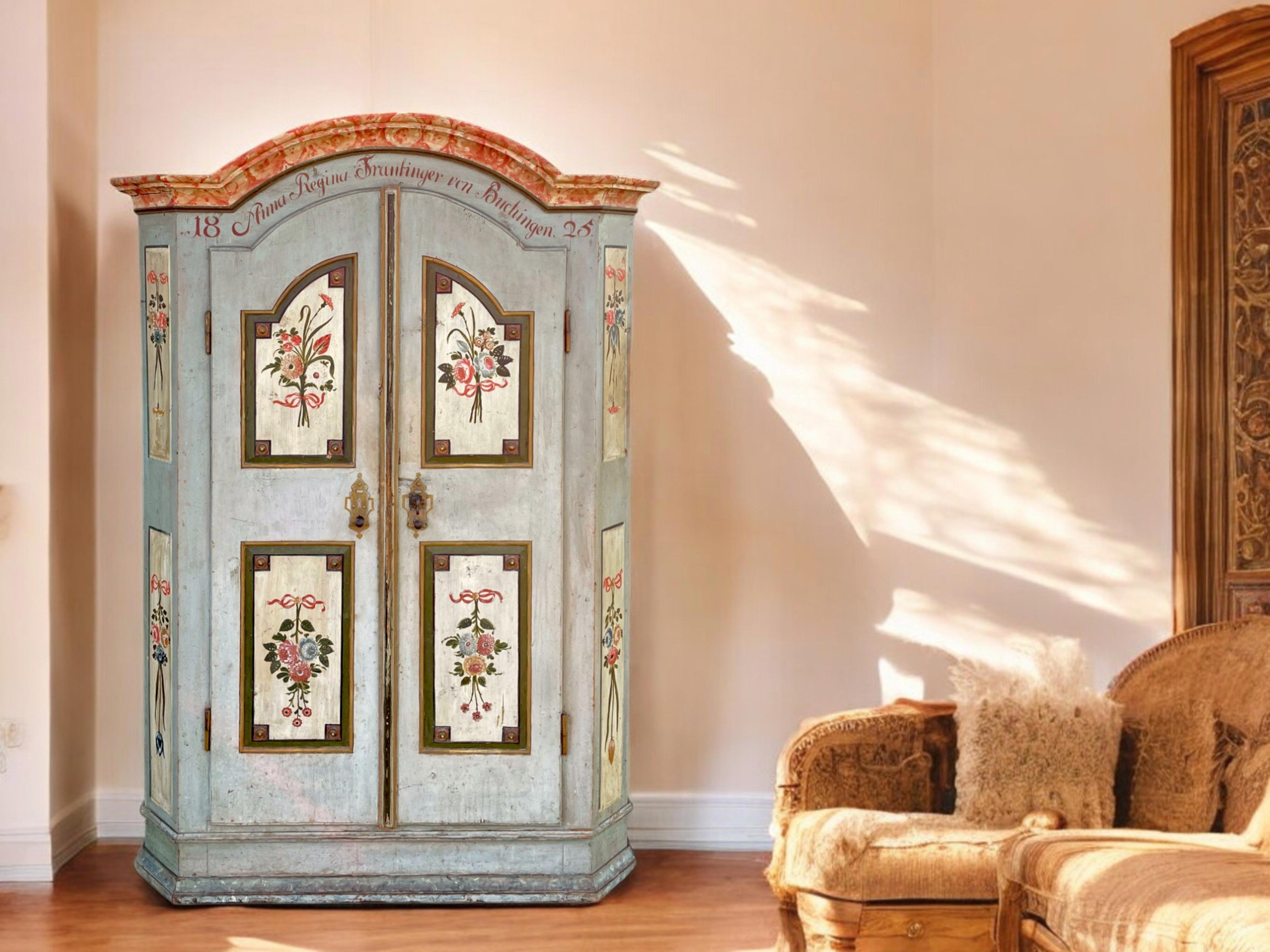 Hand-Carved 1825 Blue Floral Painted Alpine Cabinet