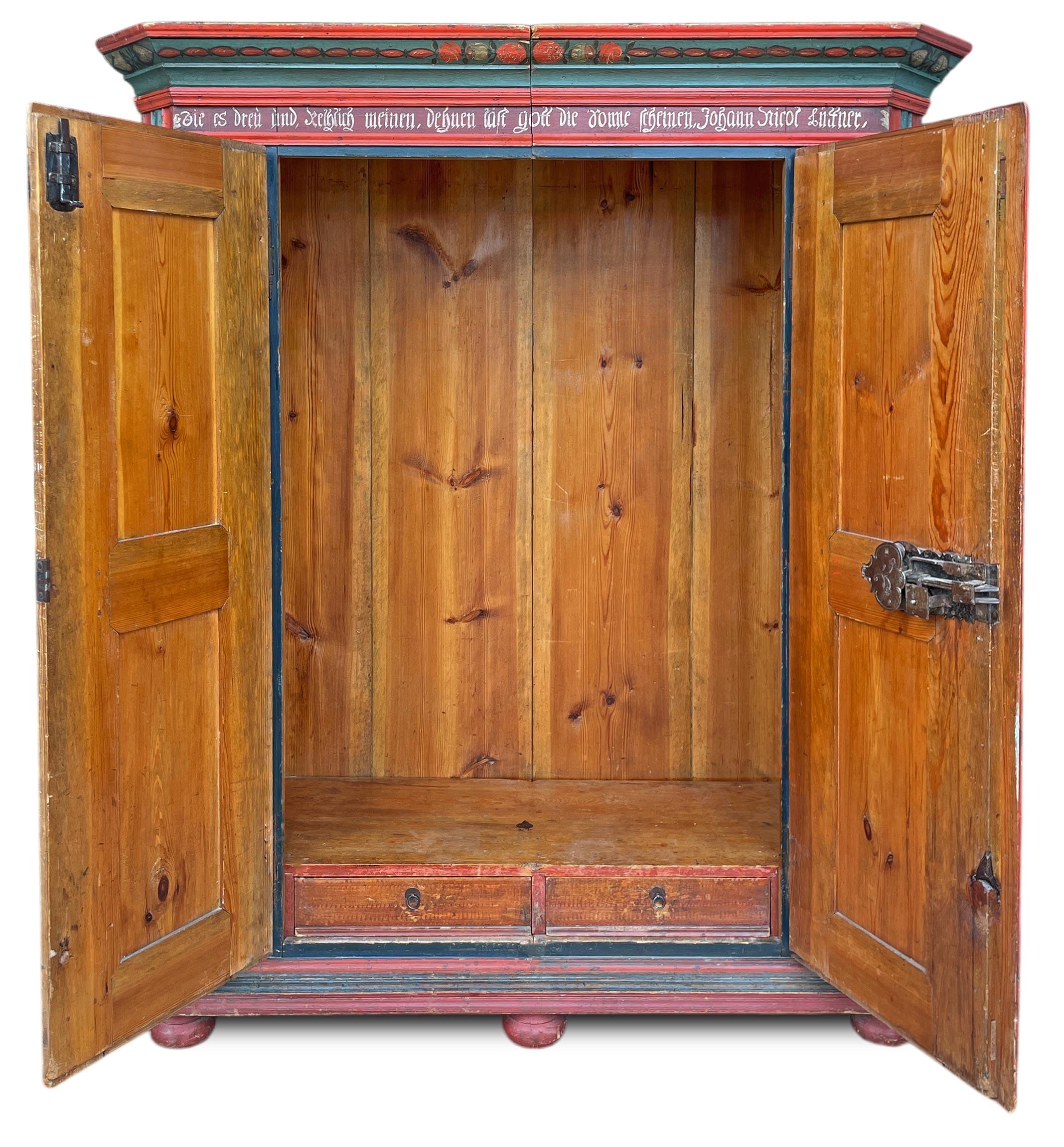 Antique Painted Cupboard with Flowers

Technical information:
Period: 1825
Origin: Tyrolean Alps
Wood type: Fir

Height: 191 cm  75.2 in
Width: 153 cm (169 cm with frame)  60.2 in (66.5 in with frame)
Depth: 52 cm (60 cm with frame)  20.5 in (23.6