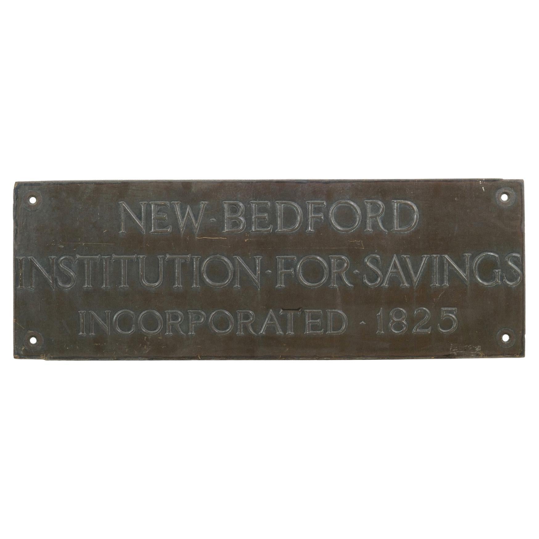 1825 Bronze Plaque from New Bedford Institution for Savings Incorporated