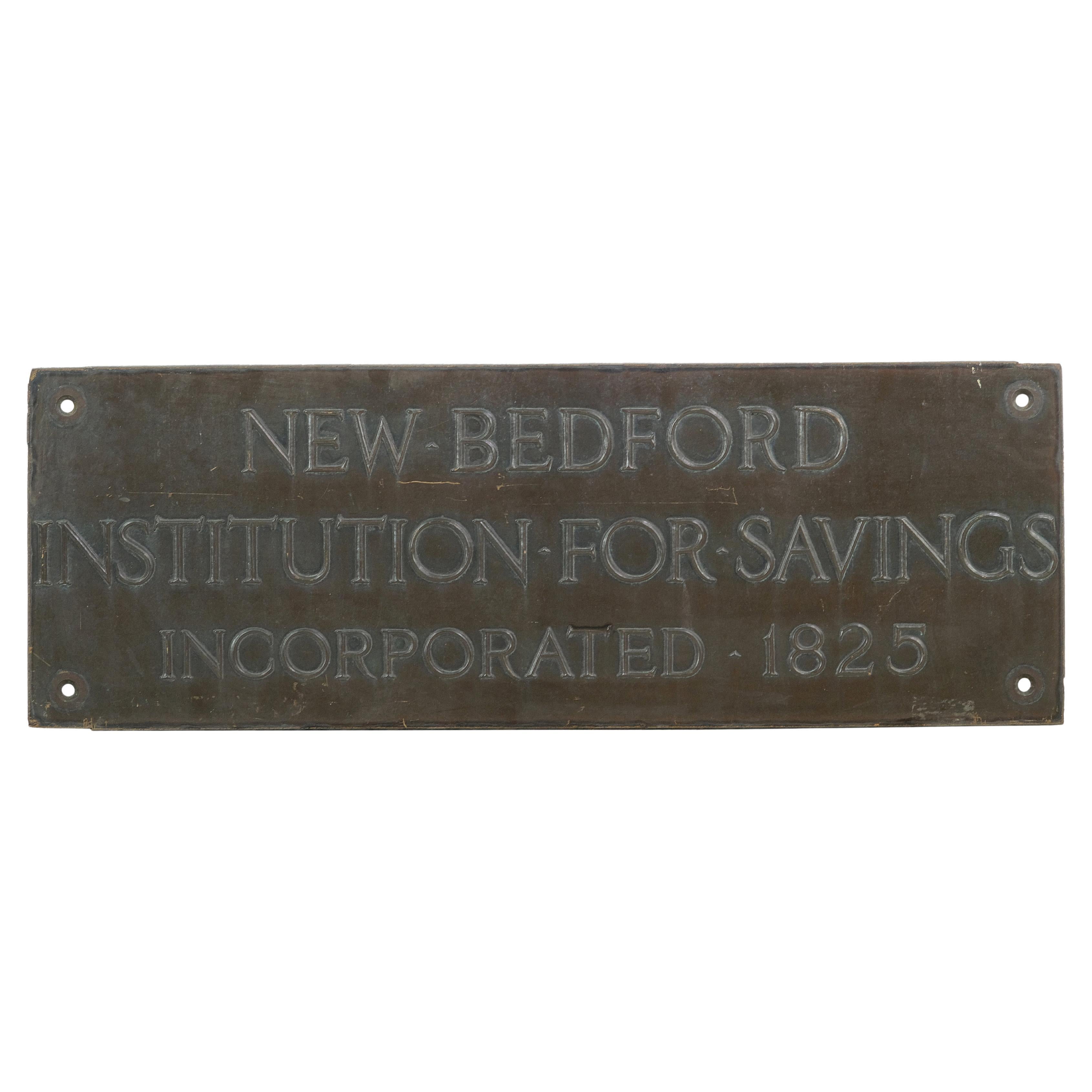 1825 Bronze Plaque from New Bedford Institution for Savings Incorporated