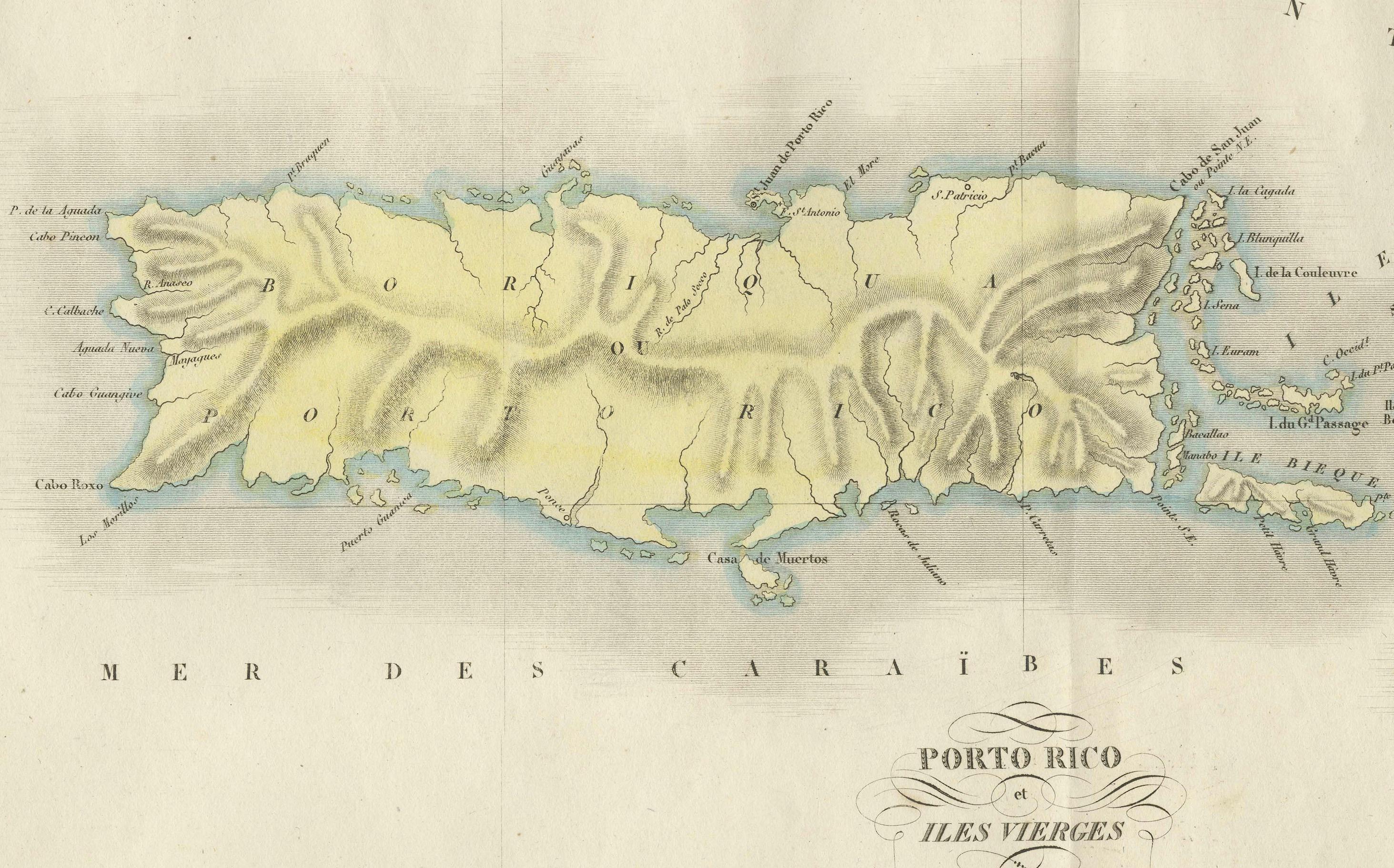 1825 Buchon Karte von Puerto Rico & Virgin Islands mit detaillierter Kolonialgeschichte (Graviert) im Angebot