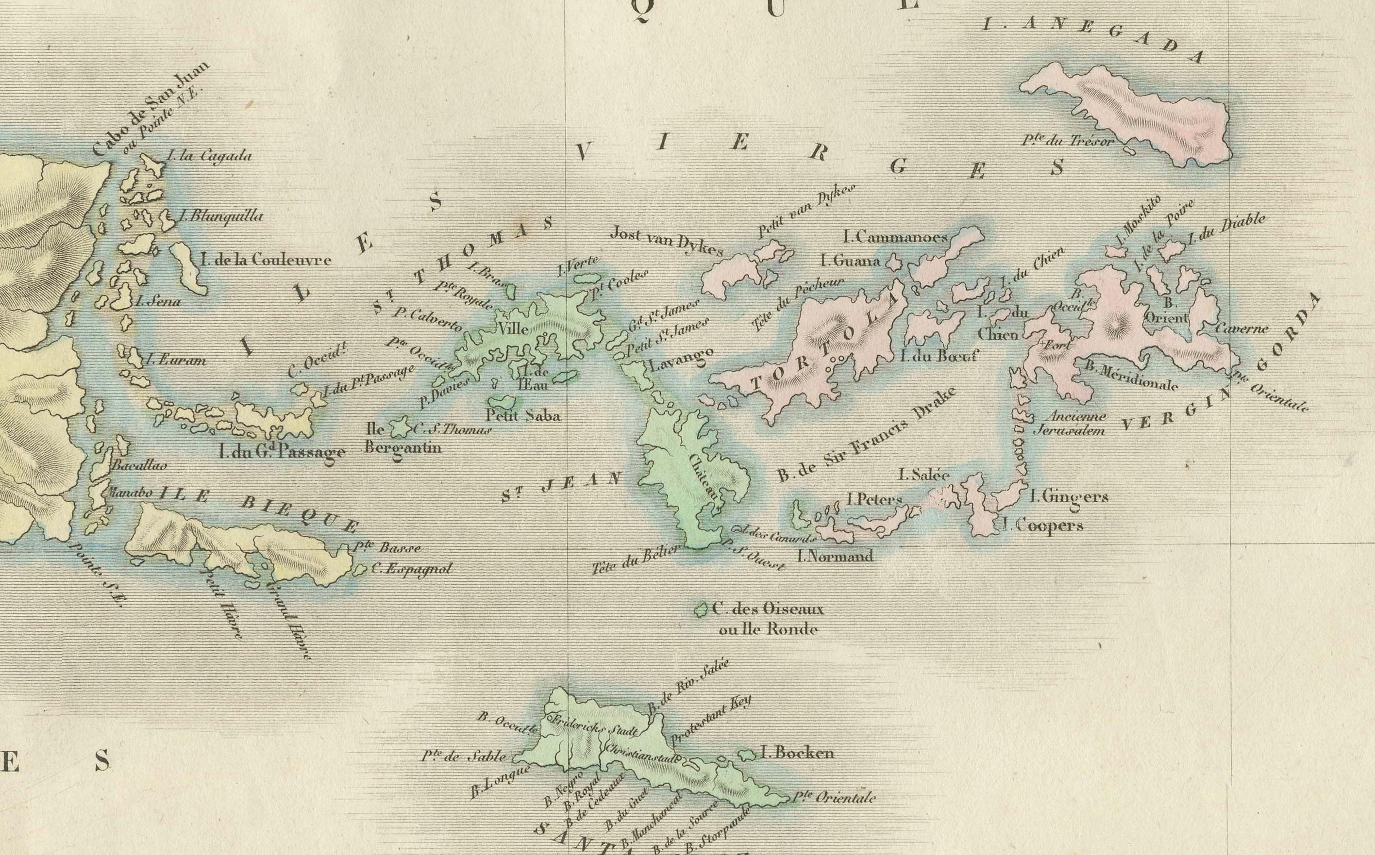 1825 Buchon Karte von Puerto Rico & Virgin Islands mit detaillierter Kolonialgeschichte im Zustand „Gut“ im Angebot in Langweer, NL