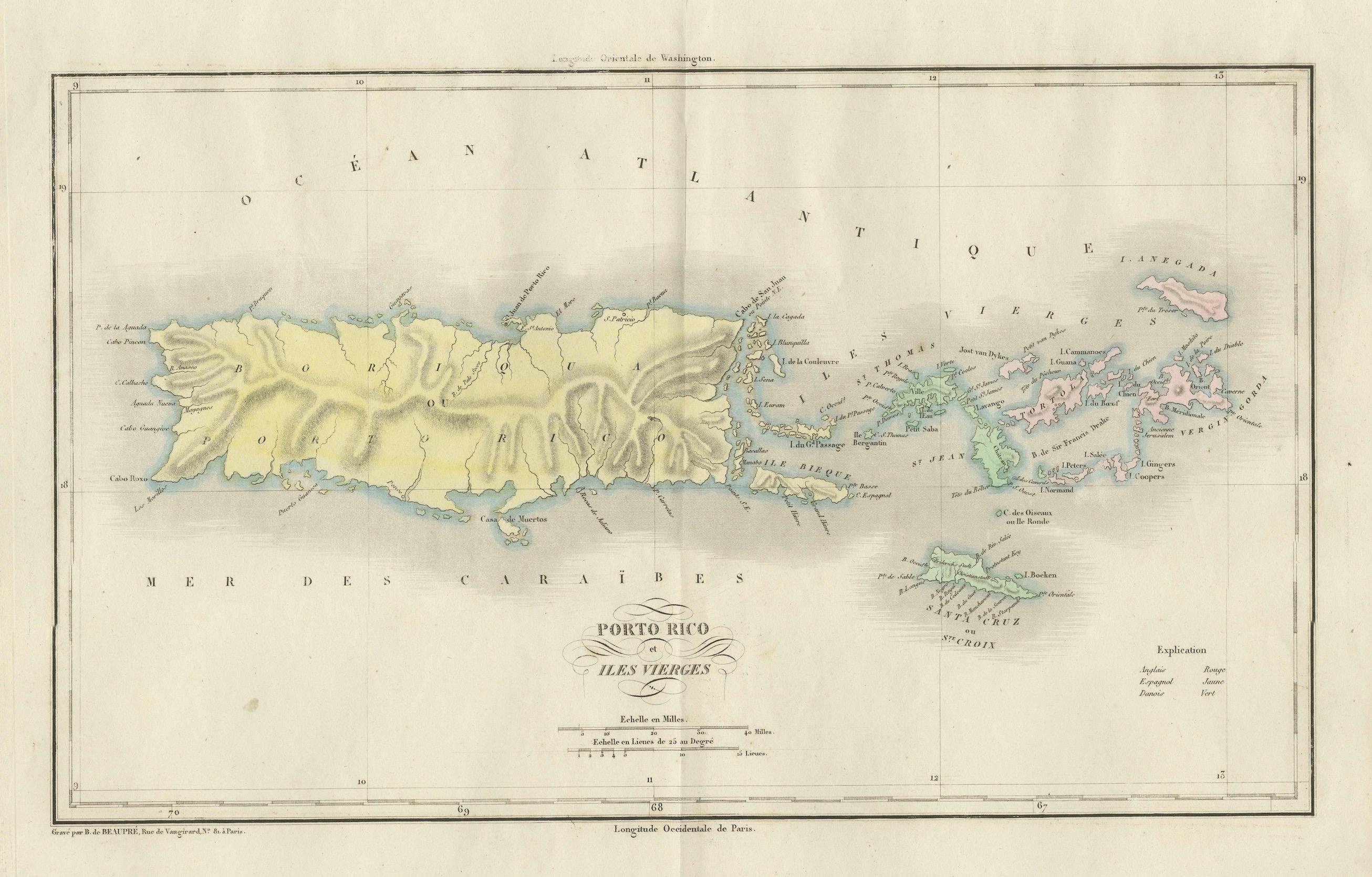 1825 Buchon Karte von Puerto Rico & Virgin Islands mit detaillierter Kolonialgeschichte (Frühes 19. Jahrhundert) im Angebot