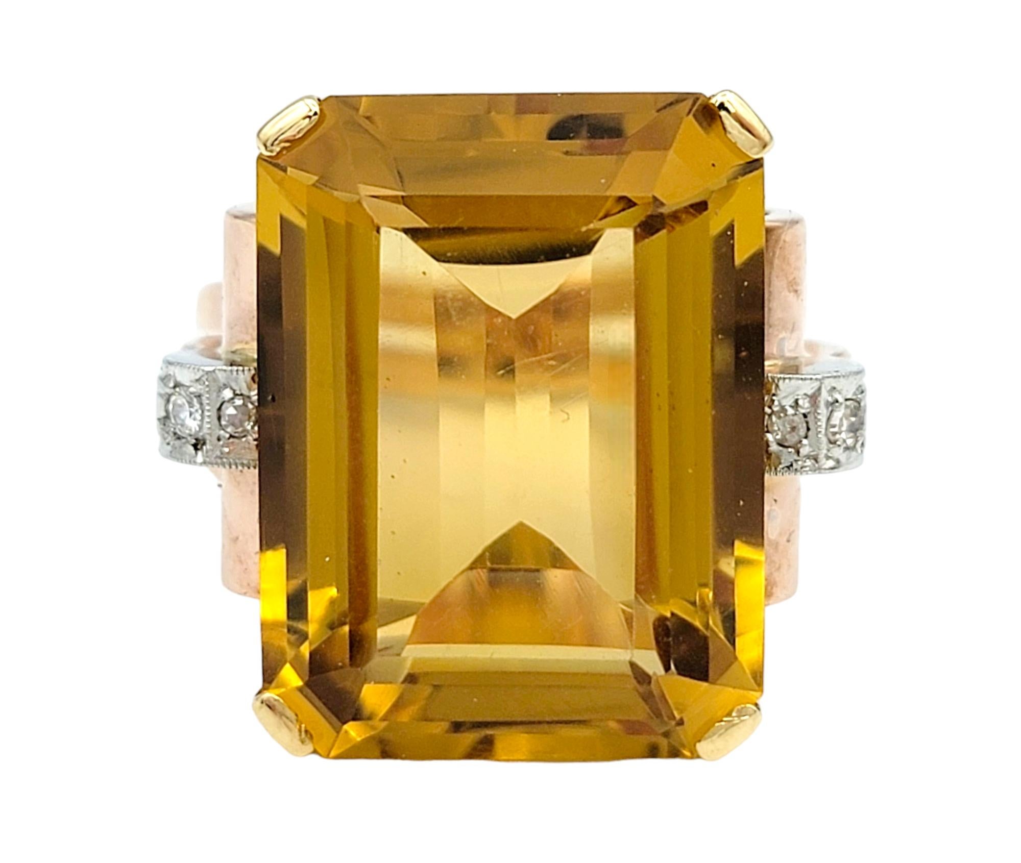 Ring Size: 7.5

This radiant citrine cocktail ring, set in 14 karat rose gold, is a show-stopping piece, combining luxury and elegance in a design that is both bold and sophisticated. The centerpiece of the ring is a remarkable 18.25 carat