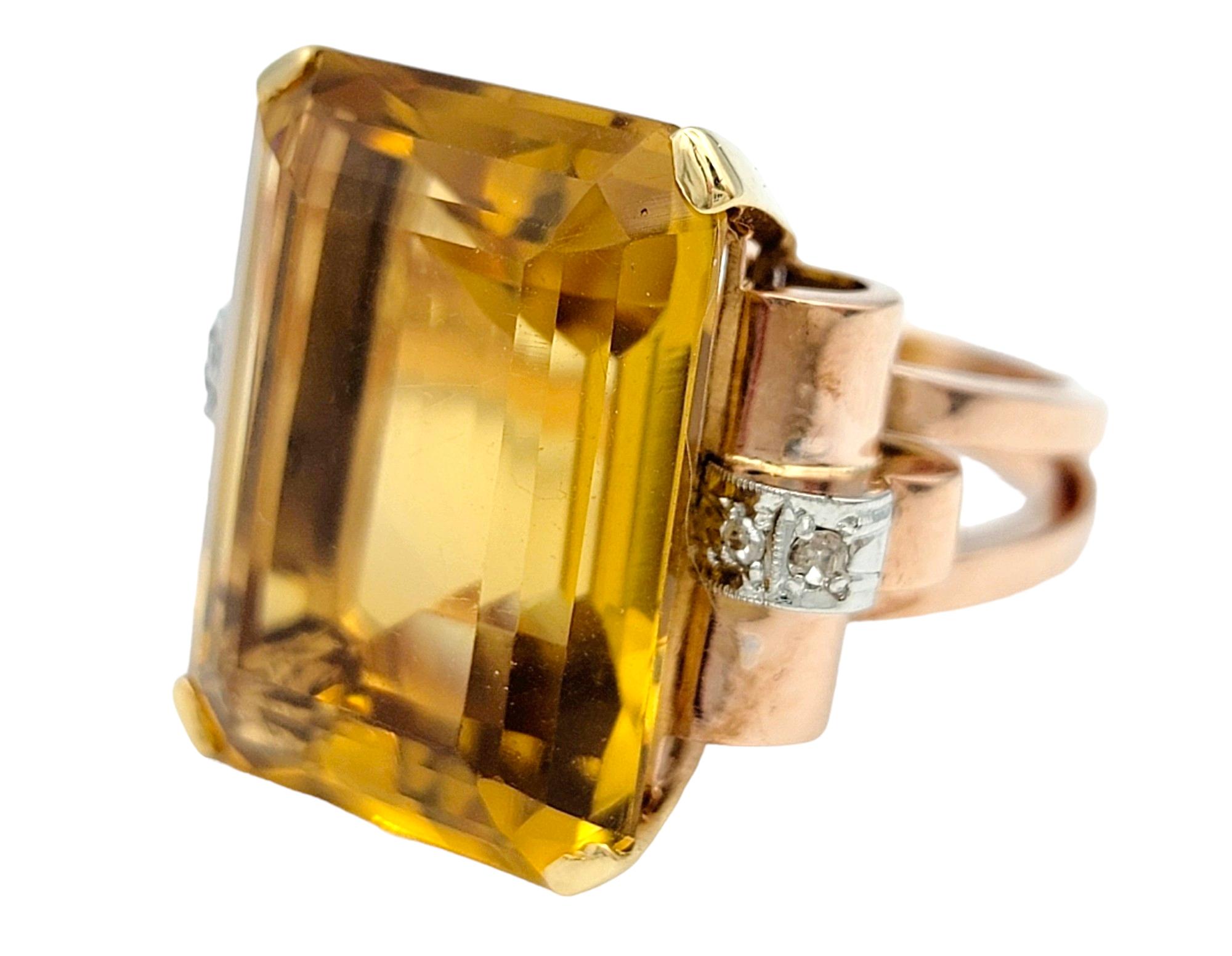 Contemporary 18.25 Carat Emerald Cut Citrine and Diamond Cocktail Ring in 14 Karat Rose Gold For Sale