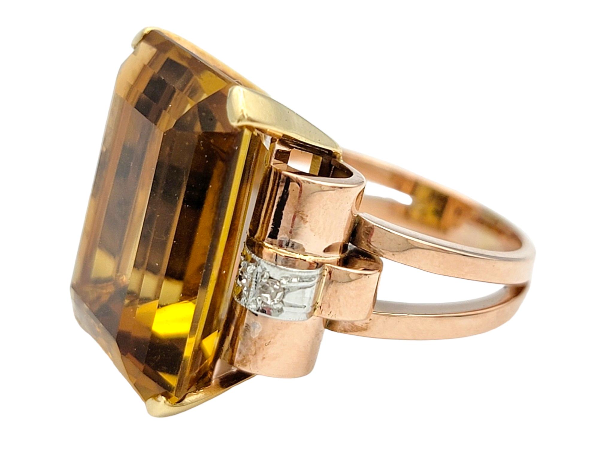 18.25 Carat Emerald Cut Citrine and Diamond Cocktail Ring in 14 Karat Rose Gold In Good Condition For Sale In Scottsdale, AZ