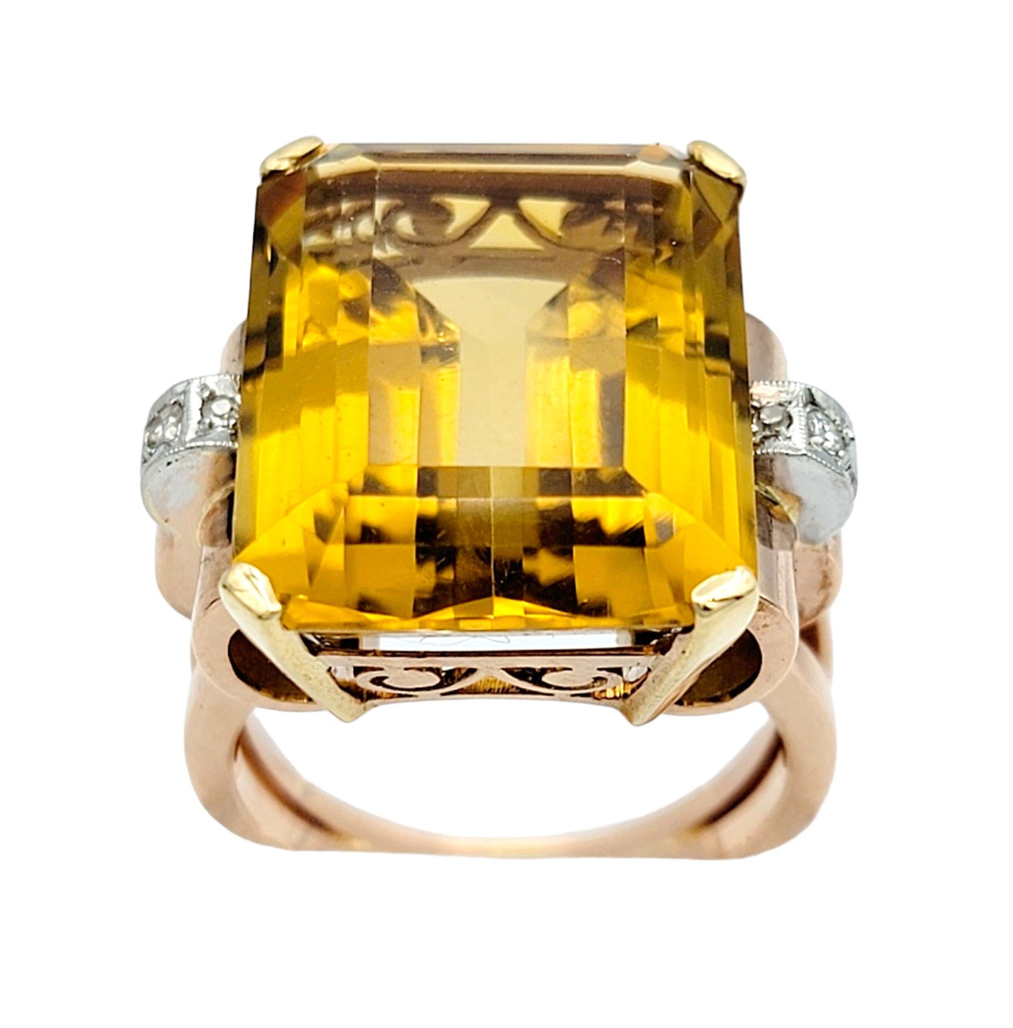 Women's 18.25 Carat Emerald Cut Citrine and Diamond Cocktail Ring in 14 Karat Rose Gold For Sale