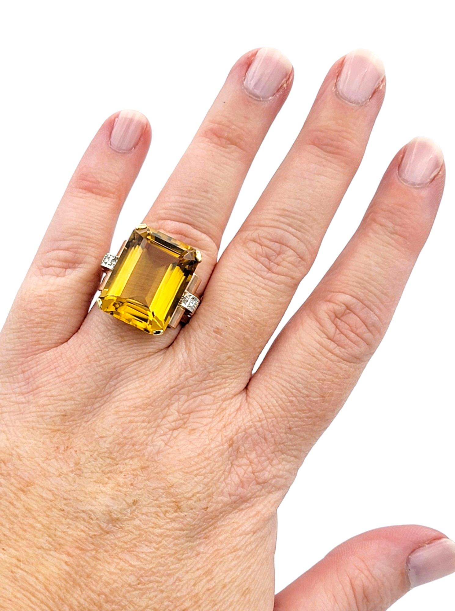18.25 Carat Emerald Cut Citrine and Diamond Cocktail Ring in 14 Karat Rose Gold For Sale 2