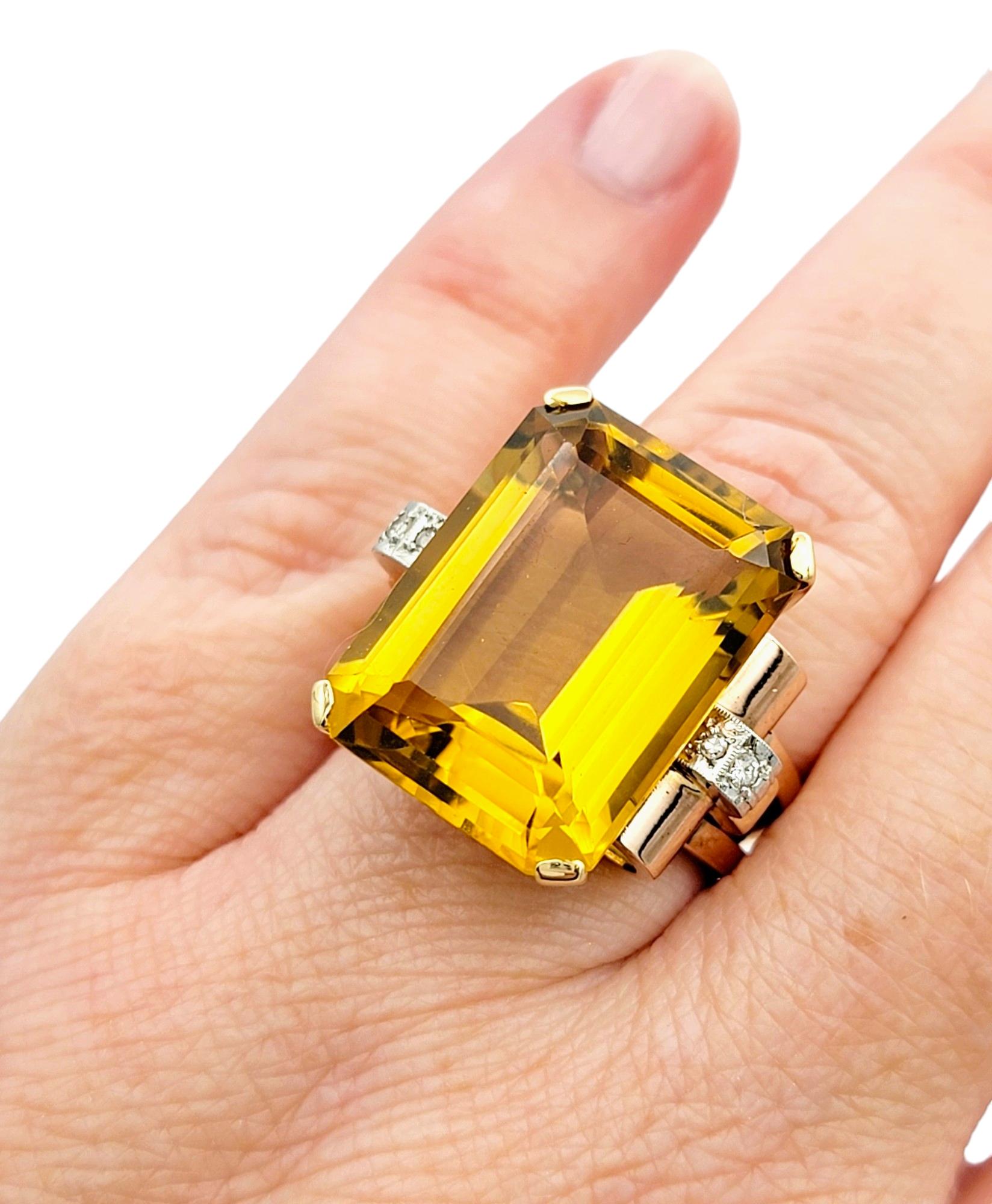 18.25 Carat Emerald Cut Citrine and Diamond Cocktail Ring in 14 Karat Rose Gold For Sale 3
