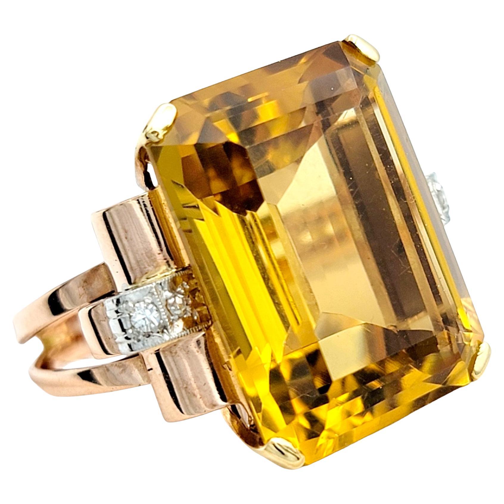 18.25 Carat Emerald Cut Citrine and Diamond Cocktail Ring in 14 Karat Rose Gold For Sale